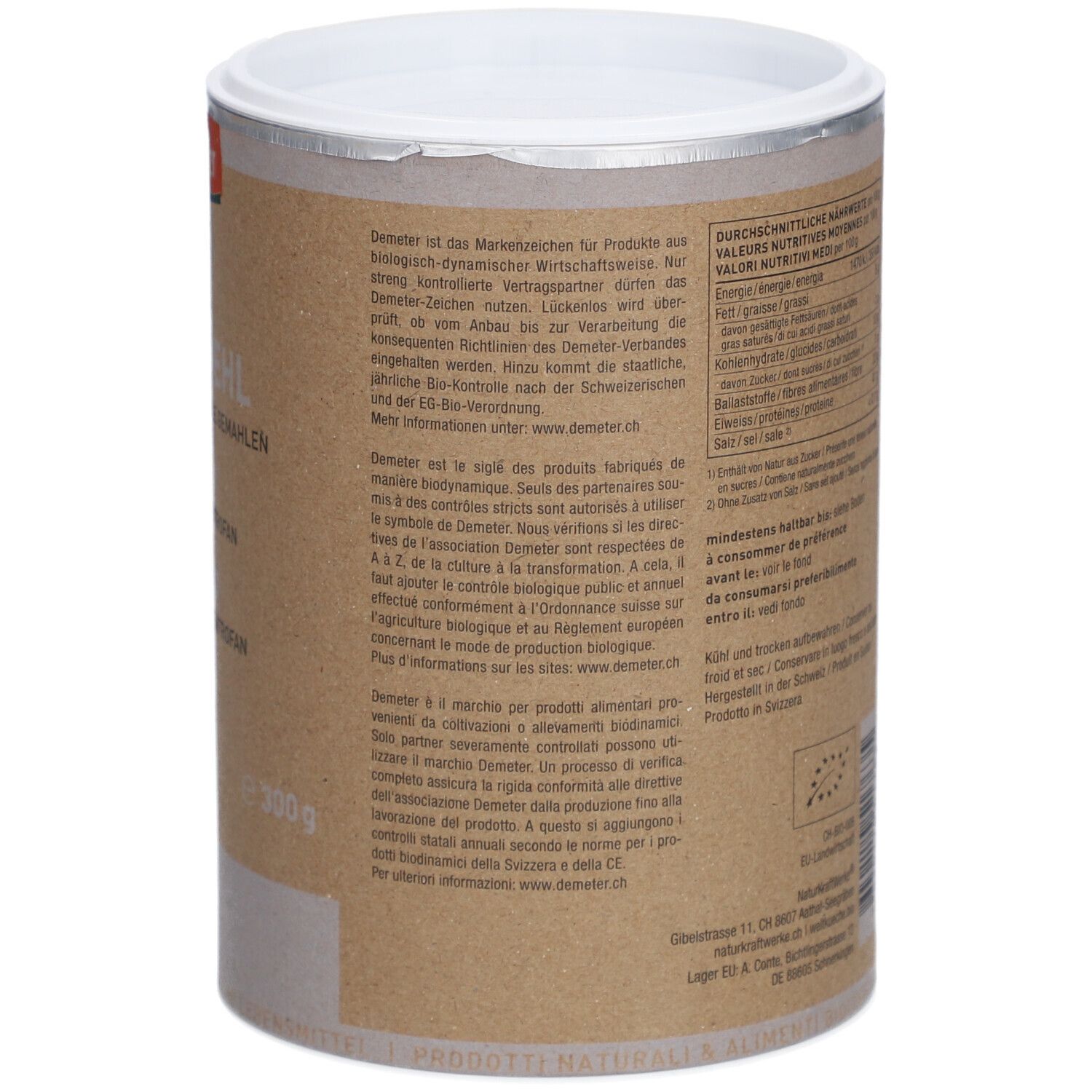 Achterkant van de doos. Tekst in het Duits, Frans en Italiaans. Bio-label. Voedingsinformatie. Demeter-logo. 300g.
