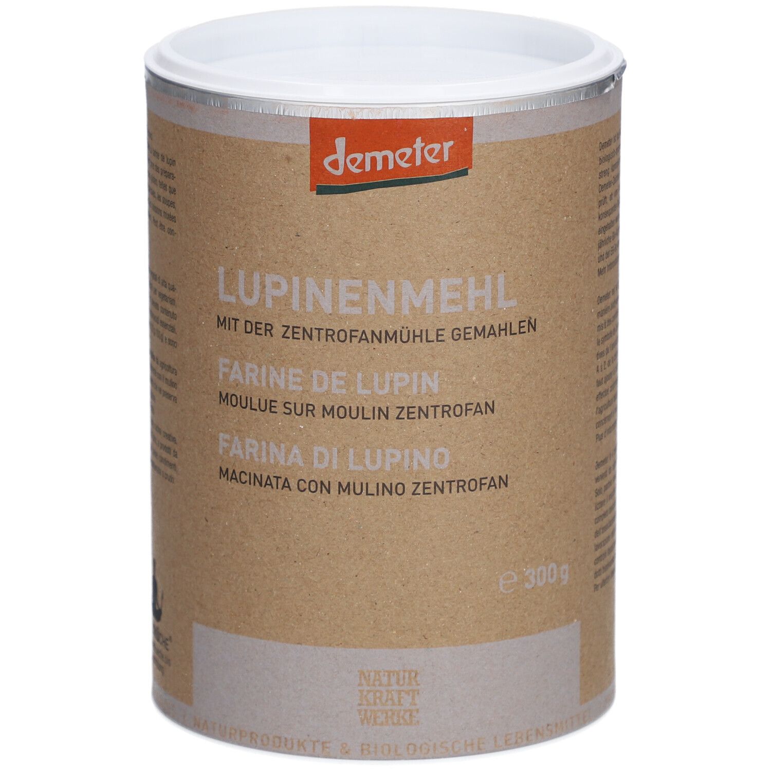 Cilindervormige doos met "Lupinenmeel". Demeter-logo. Bruine verpakking met witte deksel. 300g.