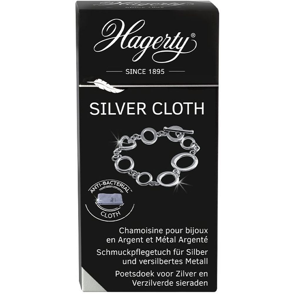Zwarte doos met "Hagerty"-logo en "Silver Cloth". Afbeelding van armband. Antibacteriële doek.