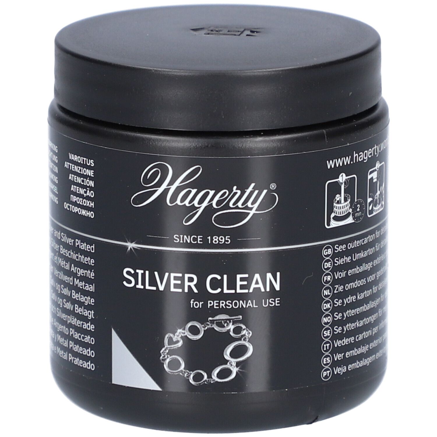 Zwarte pot met deksel. Opschrift Hagerty Silver Clean. Afbeelding van een ketting. Tekst in meerdere talen.