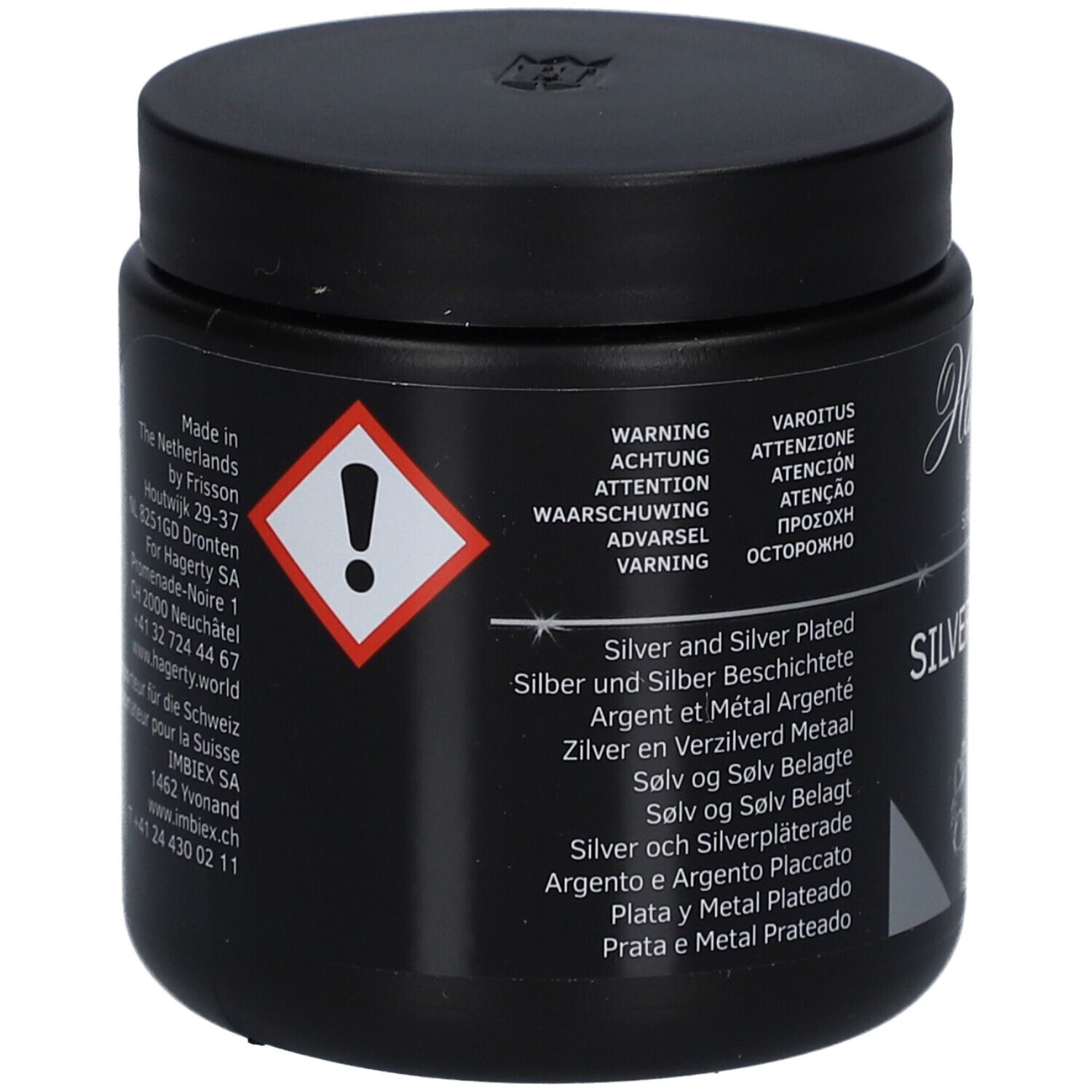 Zwarte pot. Opschrift in meerdere talen: Silver and Silver Plated. Waarschuwing. Adres fabrikant.