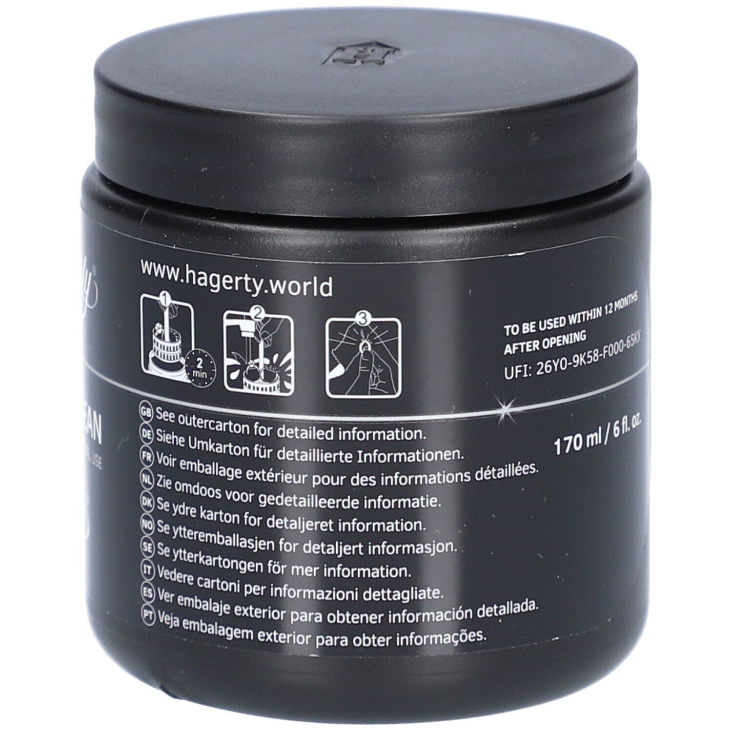 Zwarte pot. Opschrift: www.hagerty.world. Illustraties voor gebruik. Ten minste houdbaar tot.