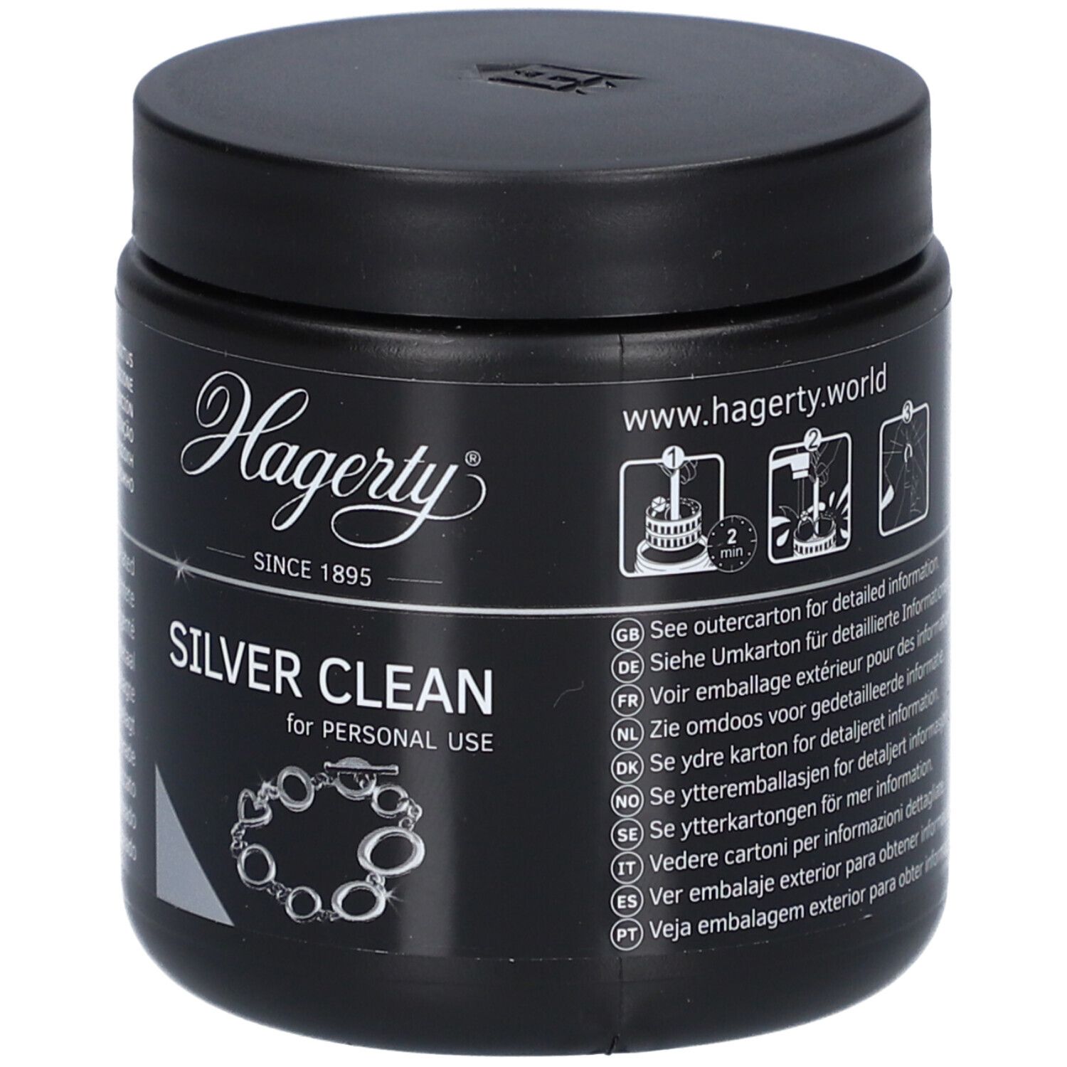 Zwarte pot met deksel. Opschrift Hagerty Silver Clean. Afbeelding van een ketting. Tekst in meerdere talen.