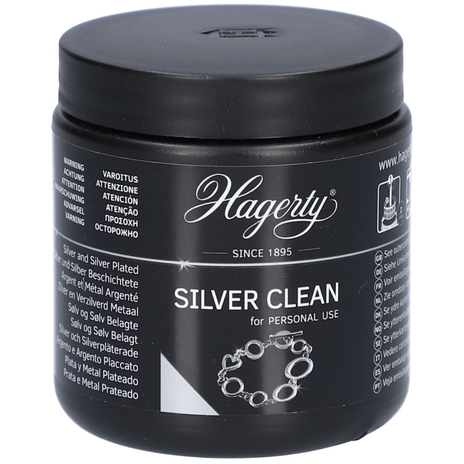 Zwarte pot met deksel. Opschrift Hagerty Silver Clean. Afbeelding van een ketting. Tekst in meerdere talen.