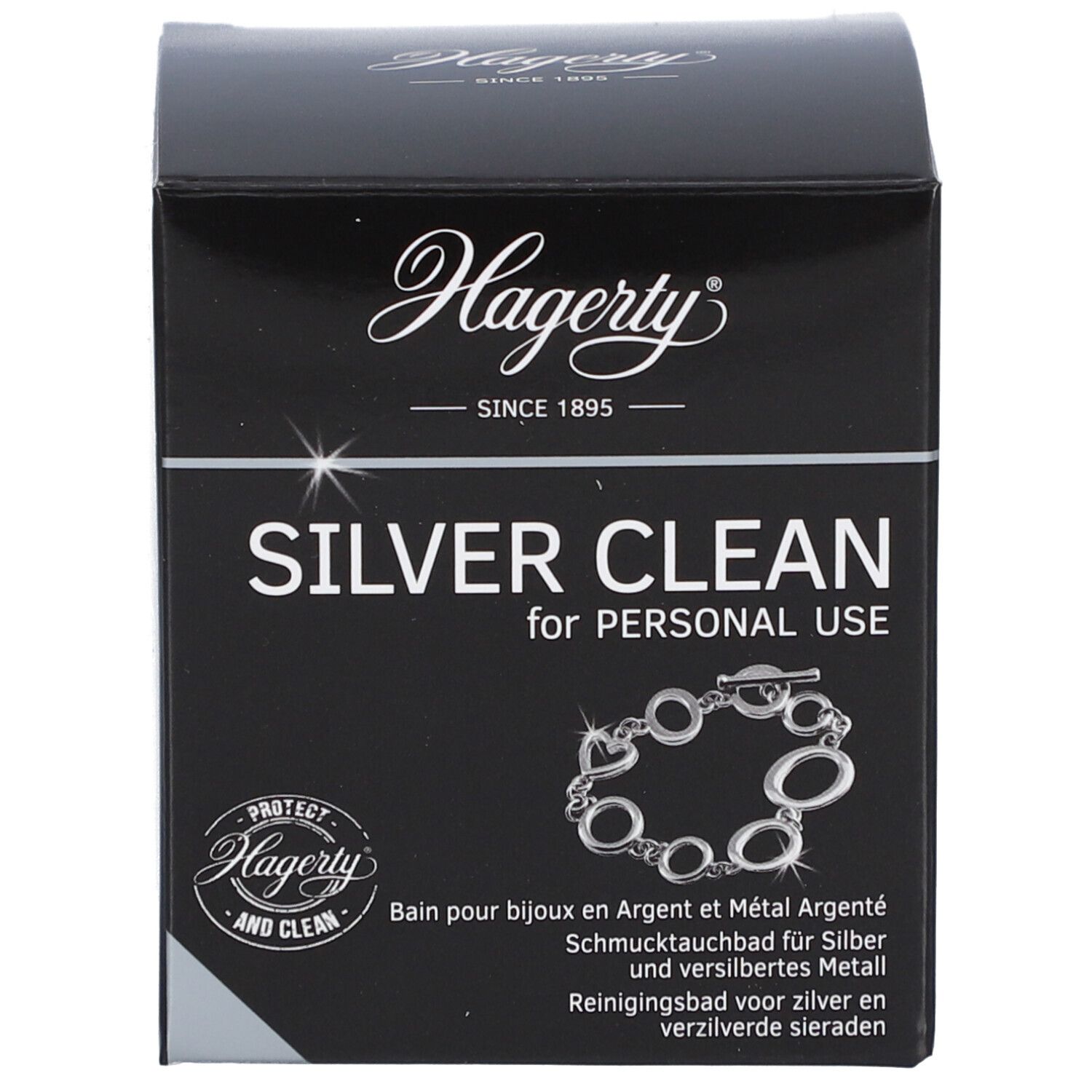 Zwarte doos. Opschrift Hagerty Silver Clean. Afbeelding van een ketting. Tekst in meerdere talen.