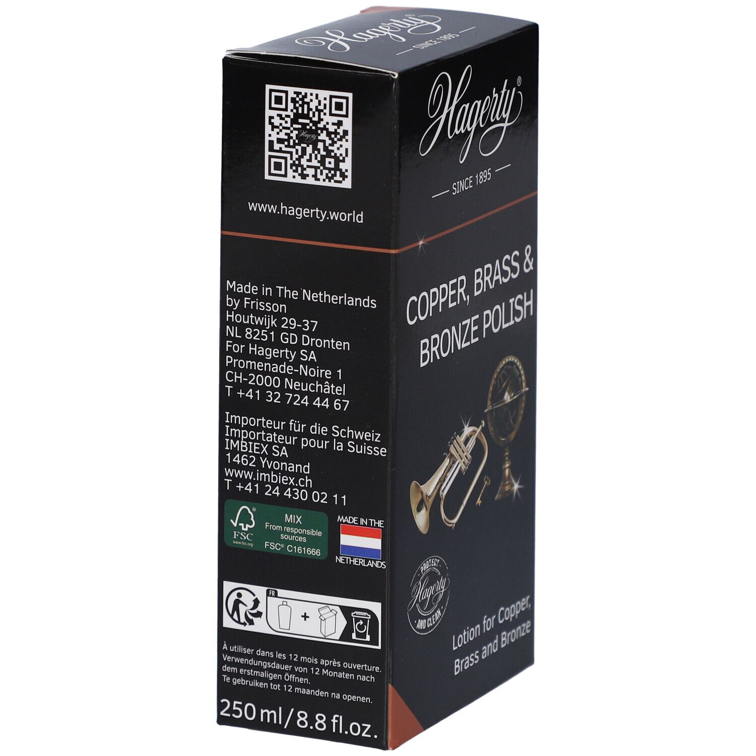 Zwarte Hagerty-verpakking. Tekst: Copper, Brass & Bronze Polish. QR-code en contactgegevens.