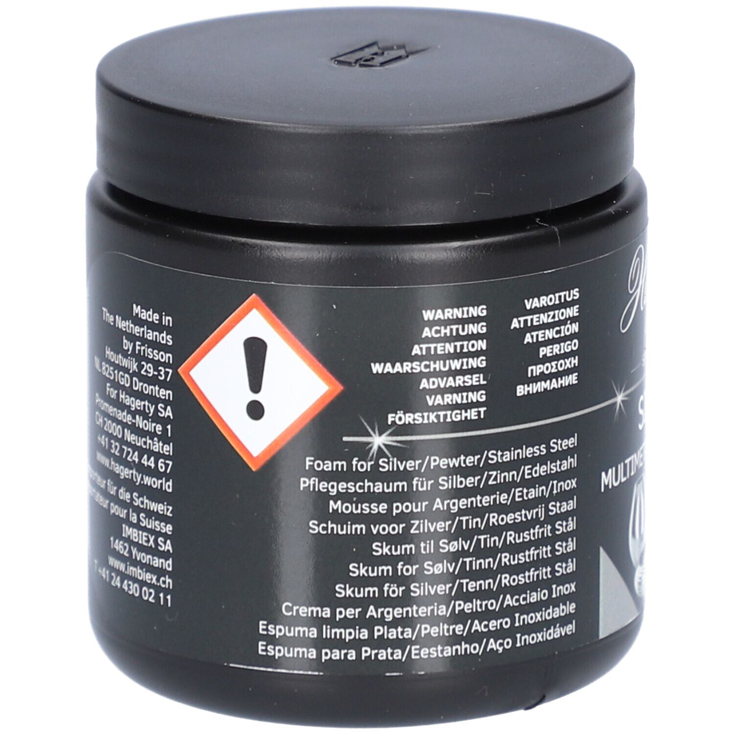 Zwarte pot met deksel. Opschrift Hagerty. Waarschuwing. Productnamen in meerdere talen.