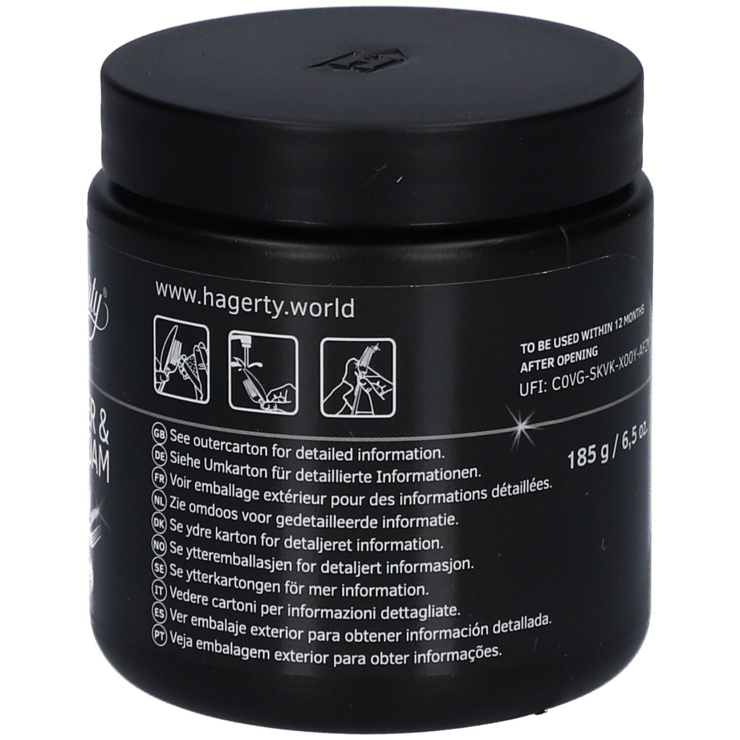 Zwarte pot met deksel. Opschrift Hagerty. Websiteadres. Gebruiksaanwijzing.