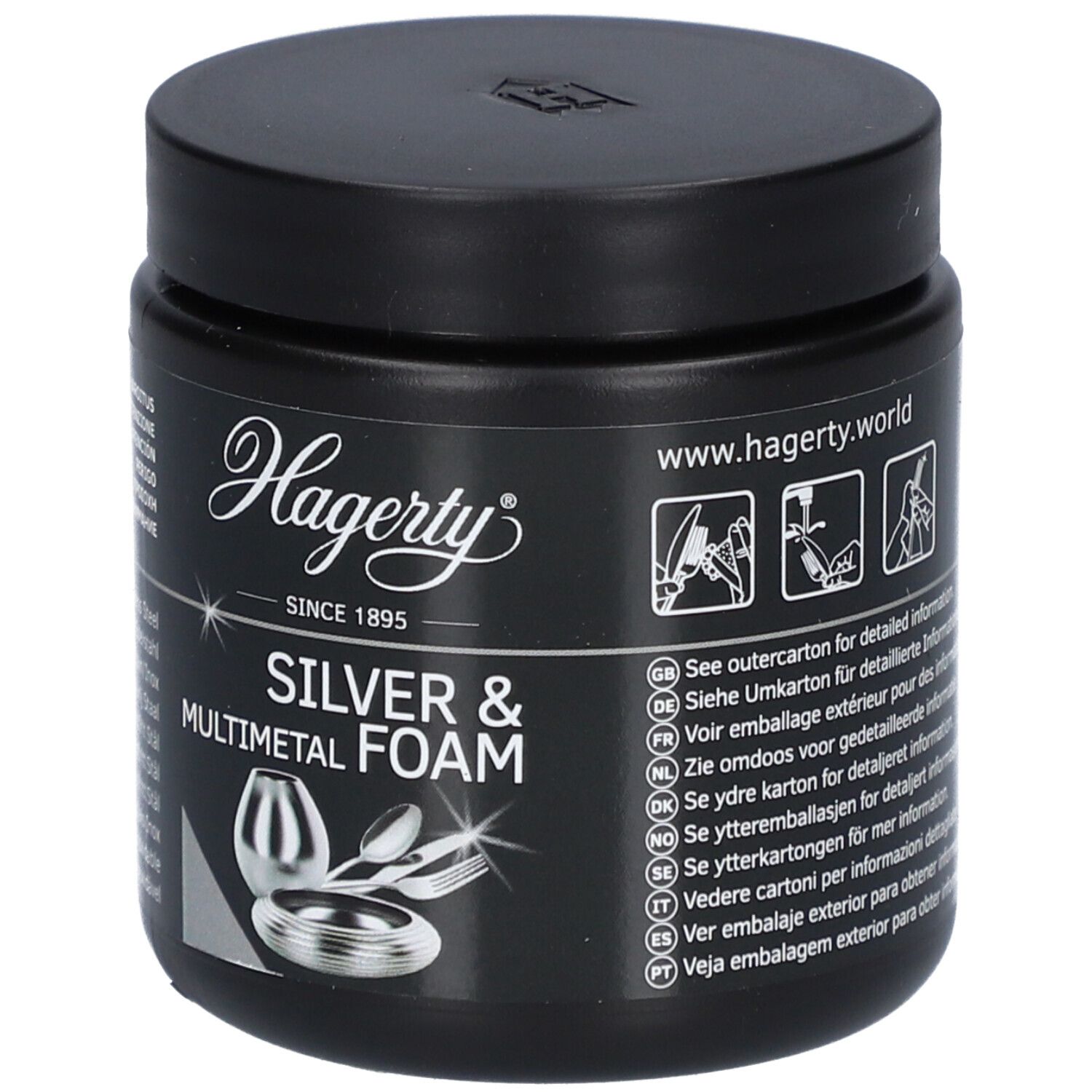 Zwarte pot met deksel. Opschrift Hagerty, Silver & Multimetal Foam. Afbeelding van bestek en vaten.