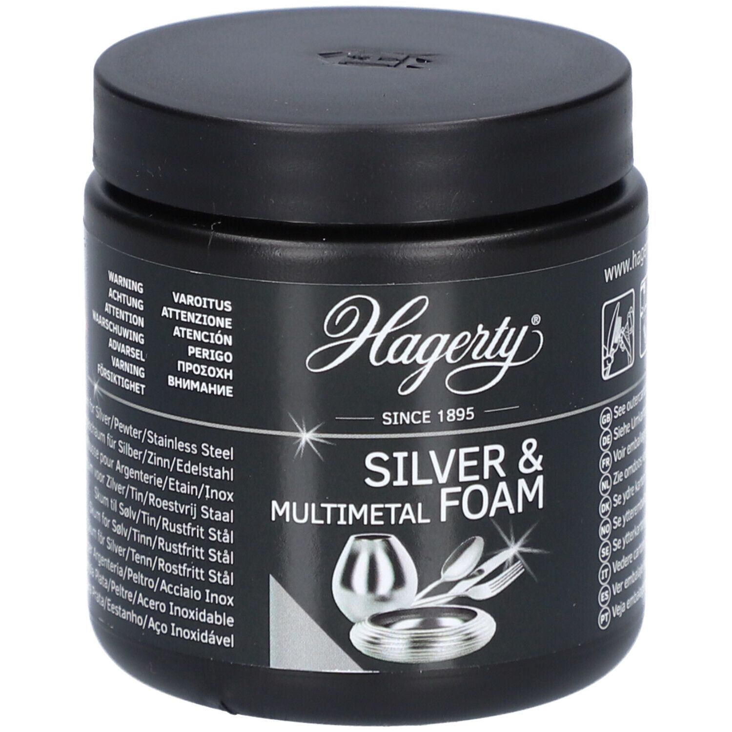 Zwarte pot met deksel. Opschrift Hagerty, Silver & Multimetal Foam. Productnamen in meerdere talen.