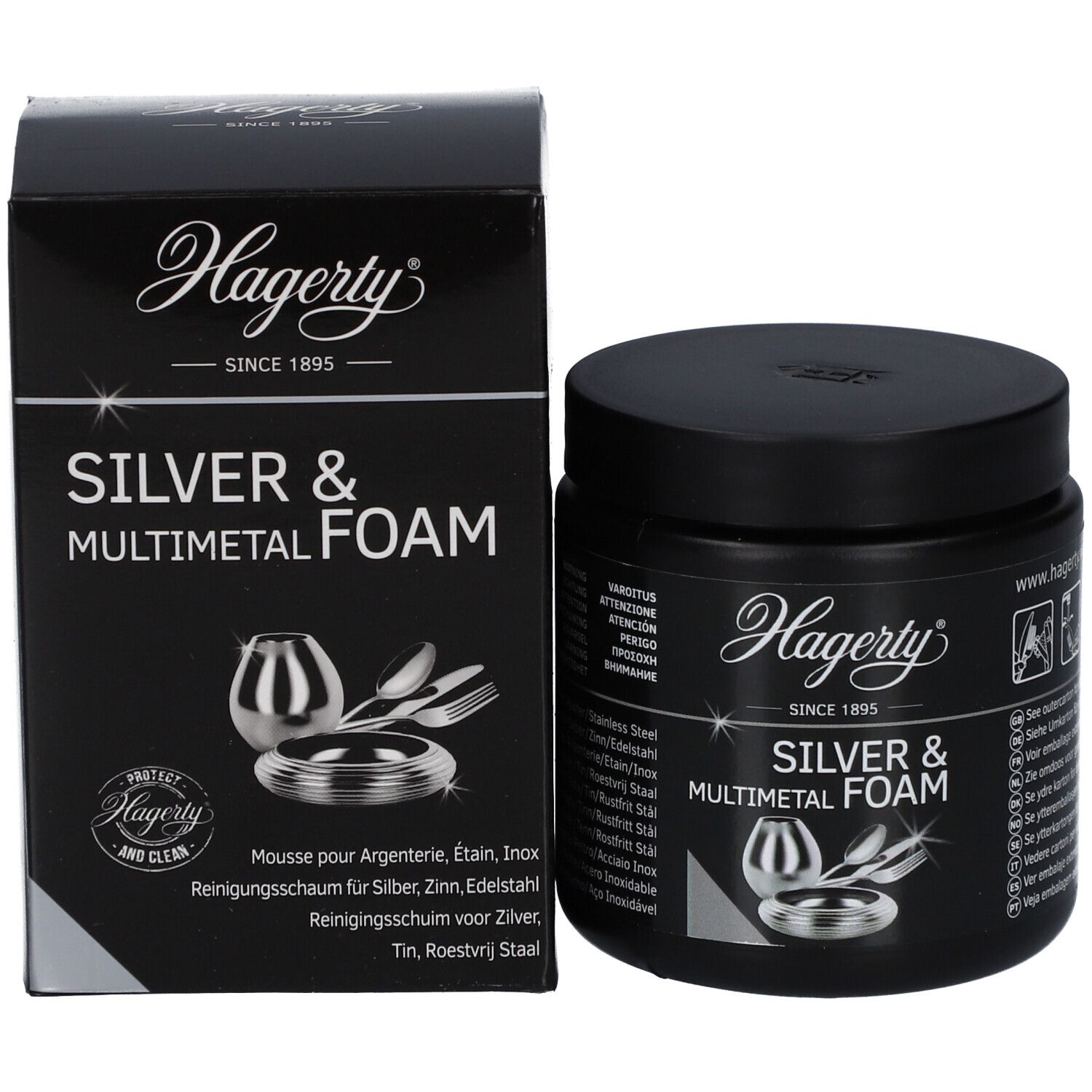 Productverpakking. Zwarte doos en pot. Opschrift Hagerty, Silver & Multimetal Foam. Afbeelding van bestek.