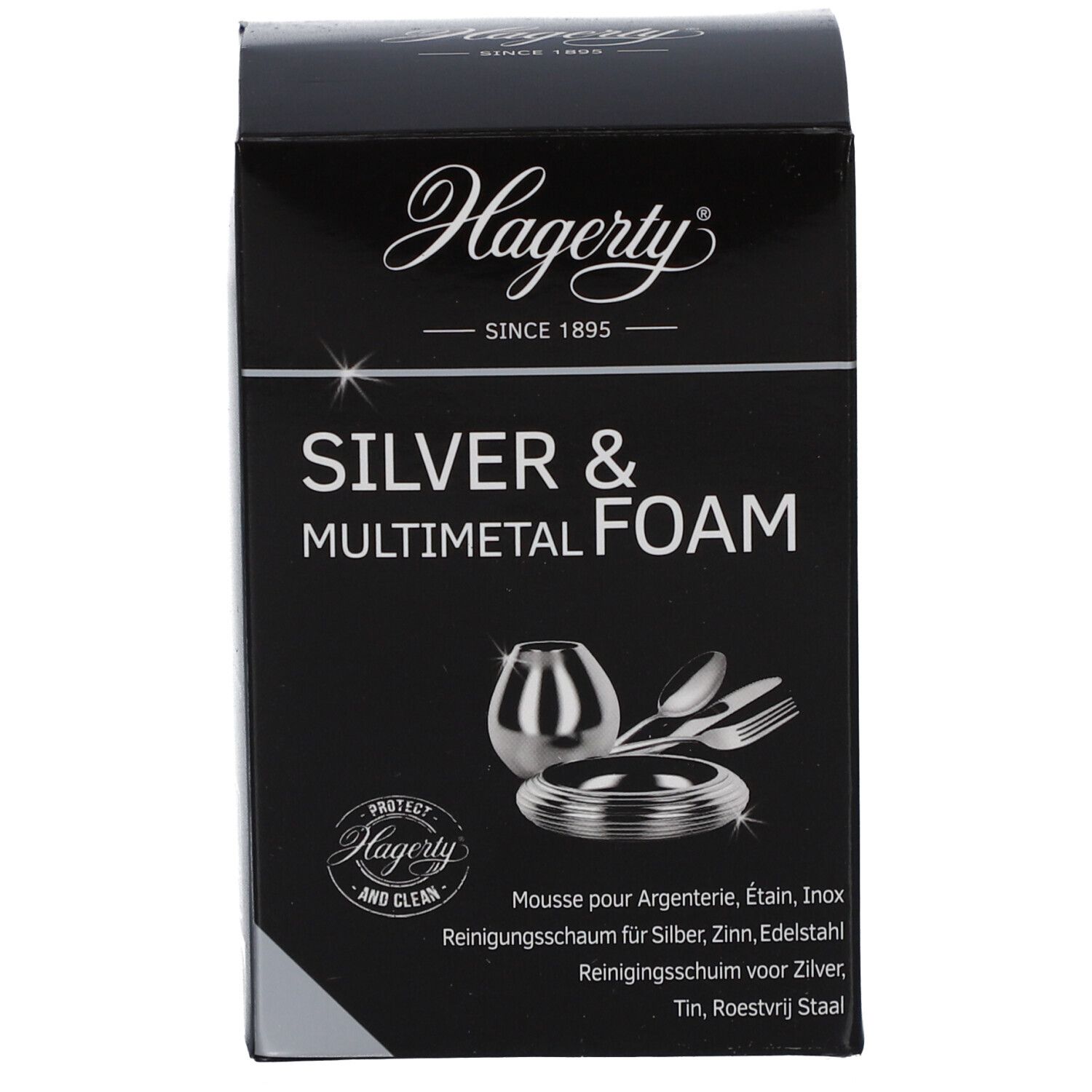 Zwarte doos. Opschrift Hagerty, Silver & Multimetal Foam. Afbeelding van bestek en vaten.