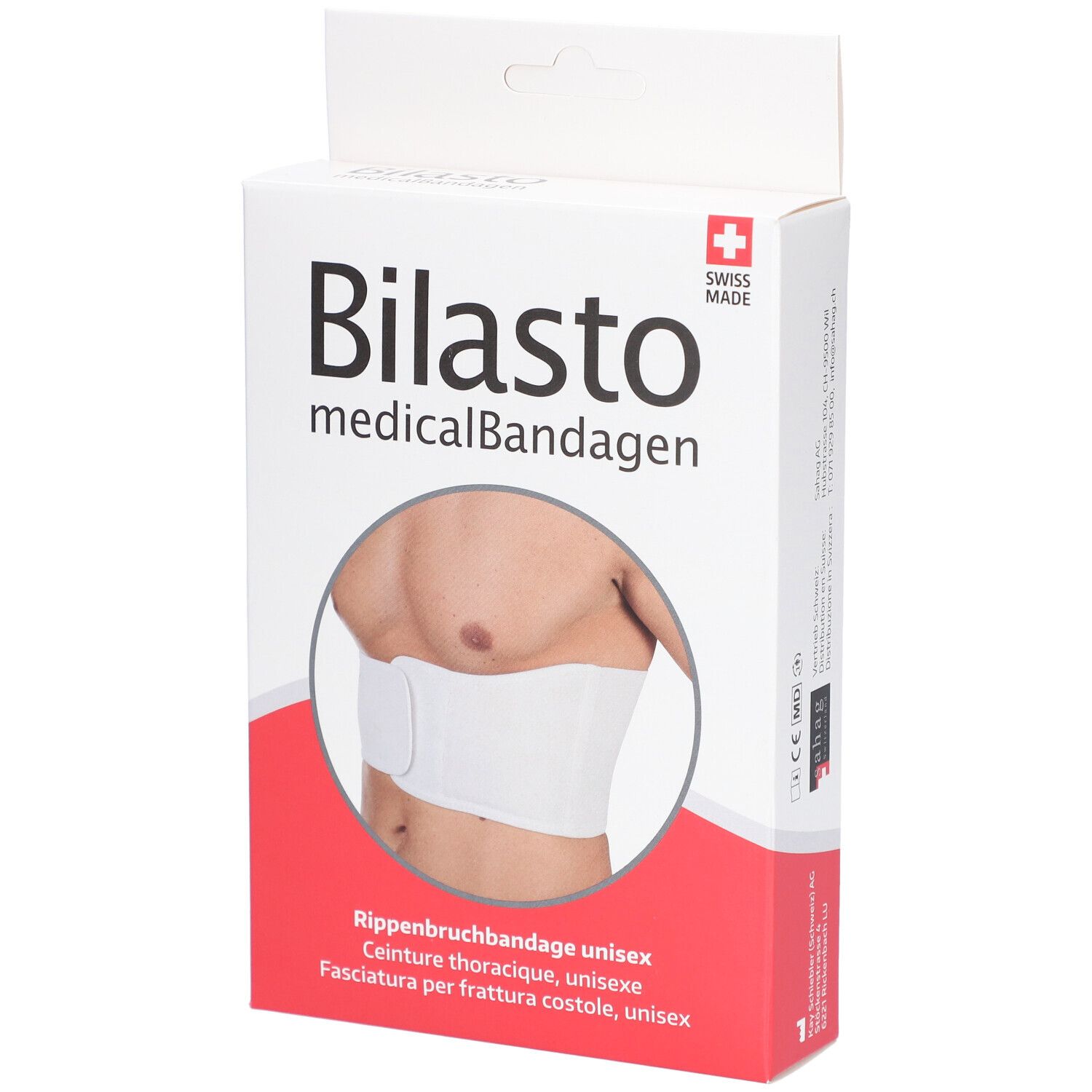 Boîte de bandage pour côtes Bilasto. Produit blanc. Swiss Made. Image d'un homme portant le bandage.