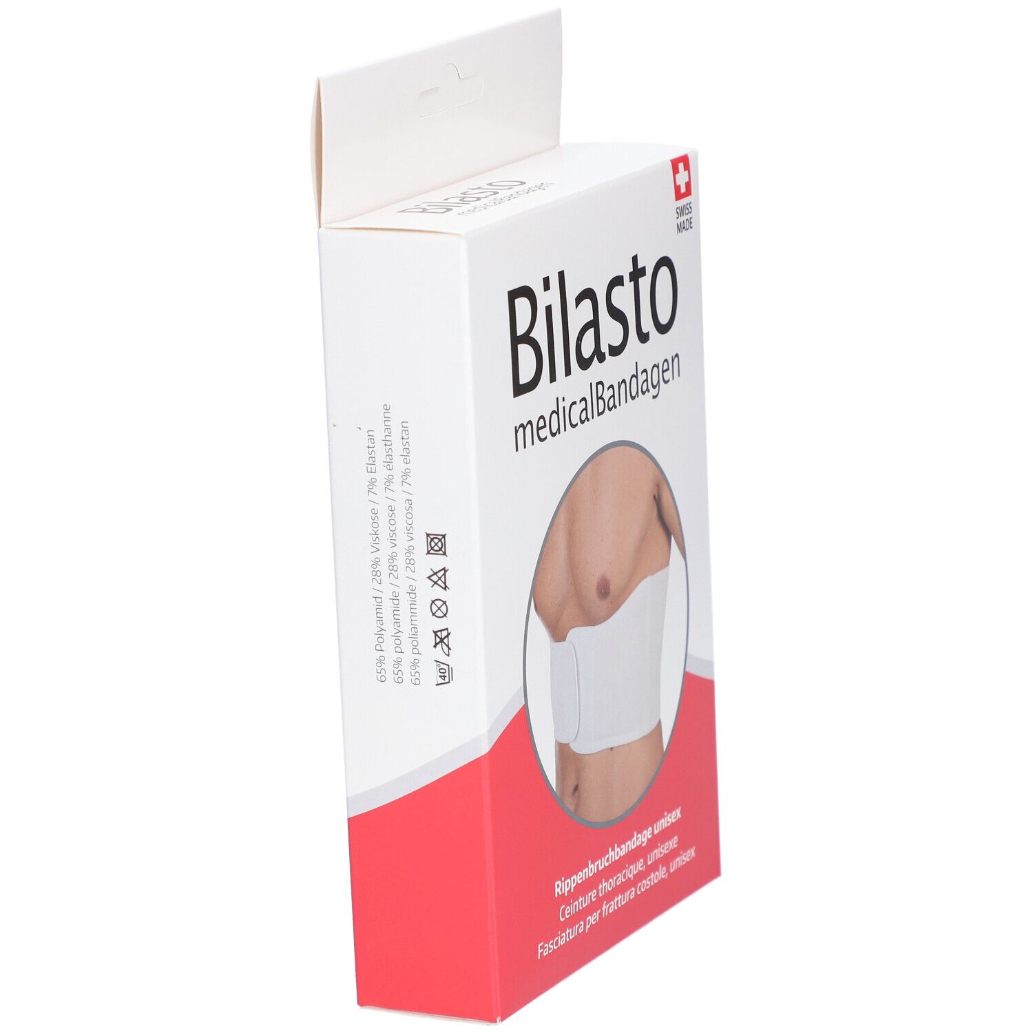 Boîte de bandage Bilasto ouverte. Image du produit et texte. Swiss Made.
