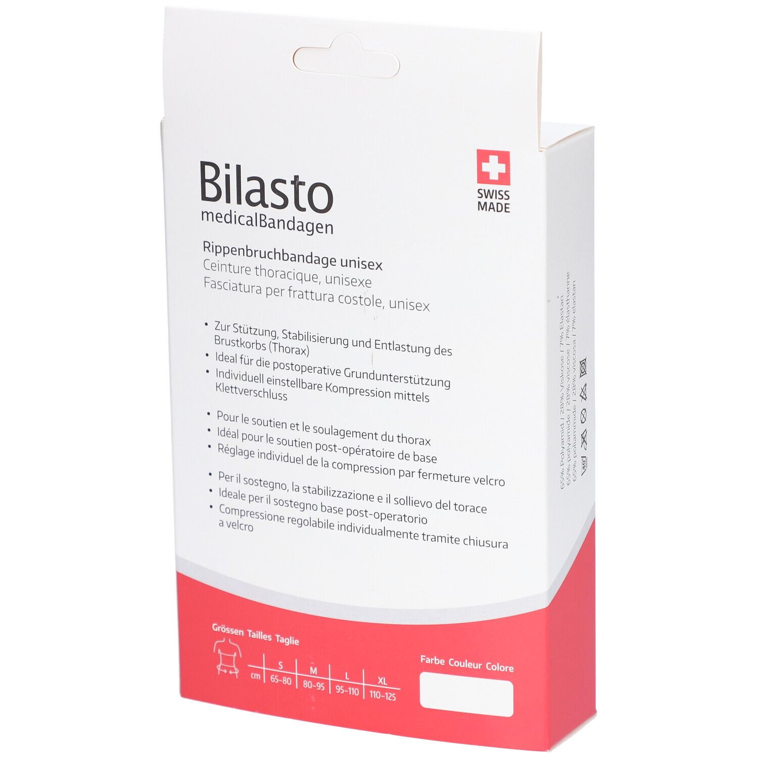 Dos de la boîte de bandage Bilasto. Texte en allemand, français et italien. Swiss Made.