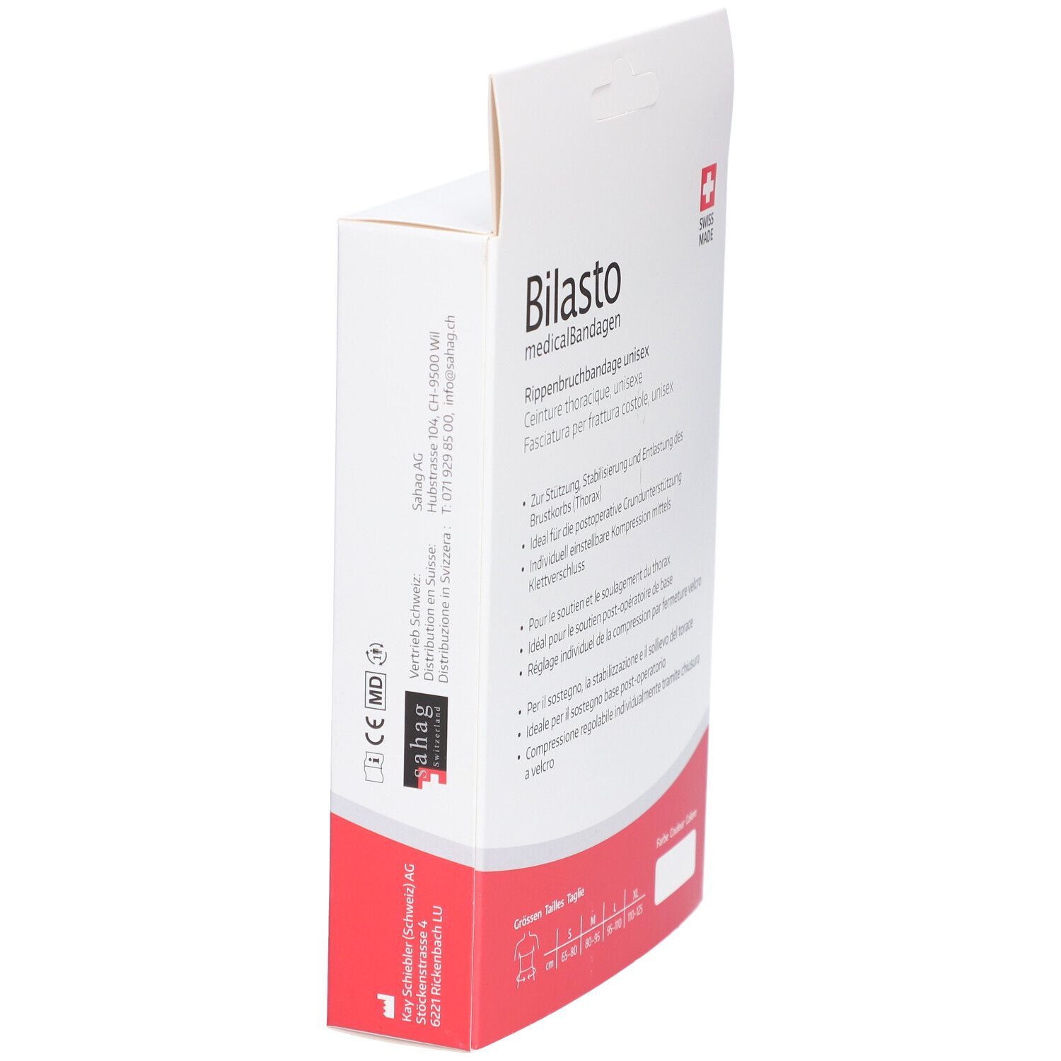 Vue latérale de la boîte de bandage Bilasto. Texte et logos. Swiss Made.