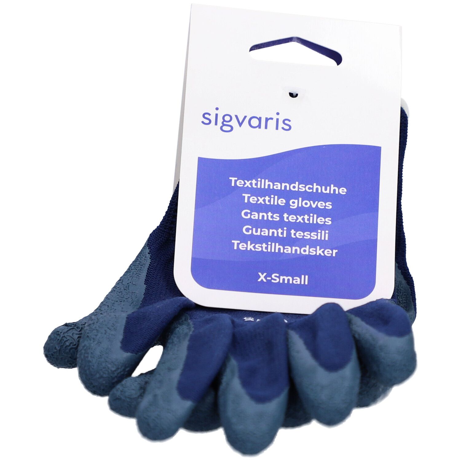 Blauwe SIGVARIS textielhandschoenen, maat XS. Verpakking met productnaam en maatindicatie.