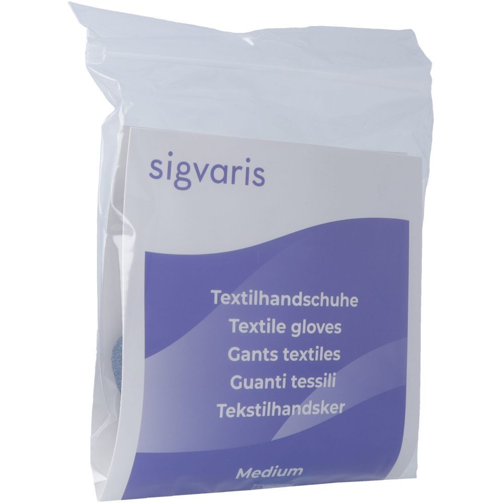 SIGVARIS textielhandschoenen in plastic verpakking. Productlabel met productnaam en maat Medium.