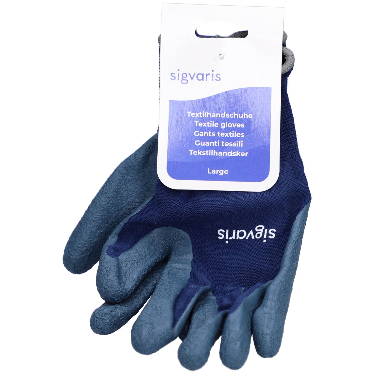 Blauwe textielhandschoenen met wit etiket. Etiket met productnaam en merk Sigvaris. Maat Large.