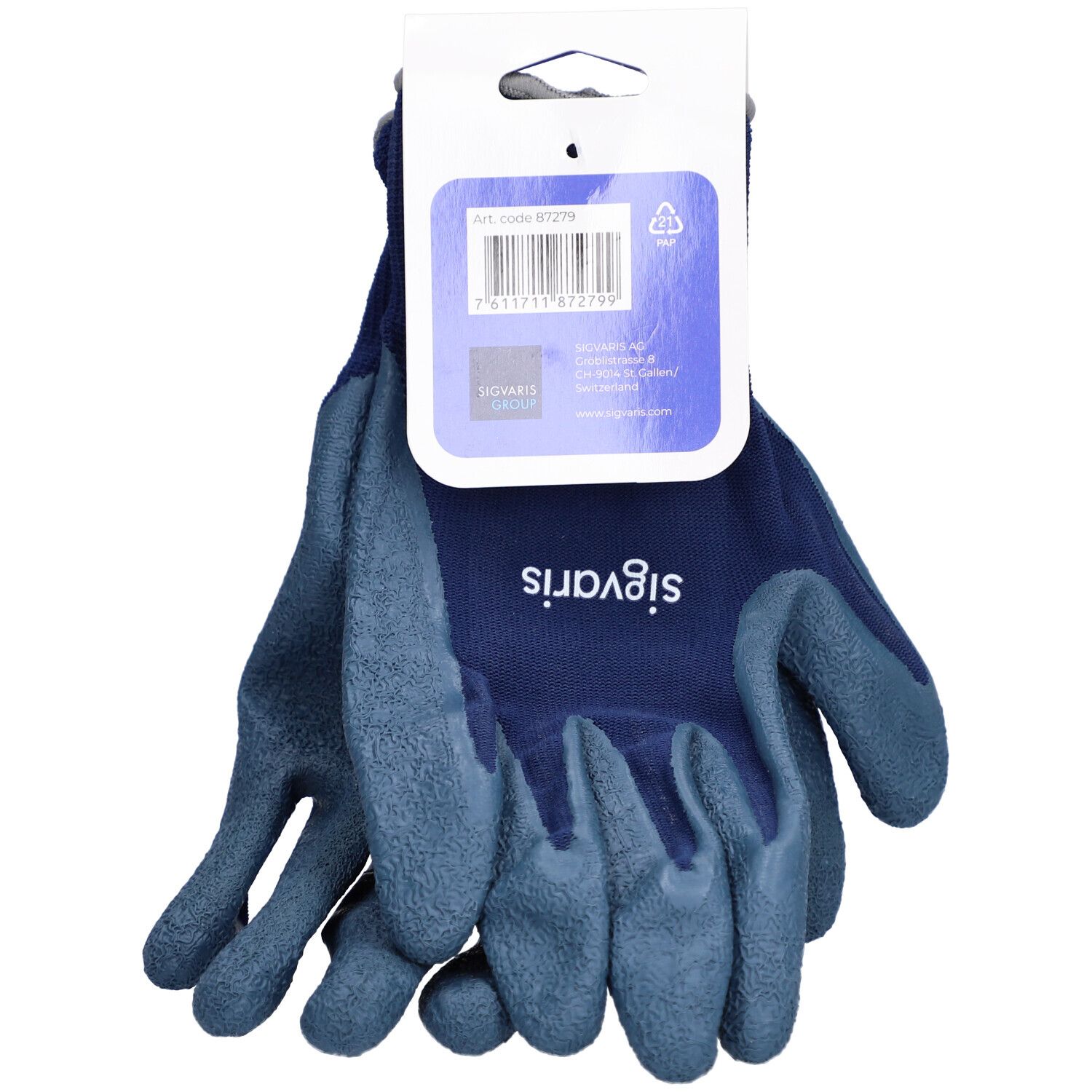 Blauwe textielhandschoenen met wit etiket. Etiket met artikelnummer en merk Sigvaris. Handschoenen verpakt.