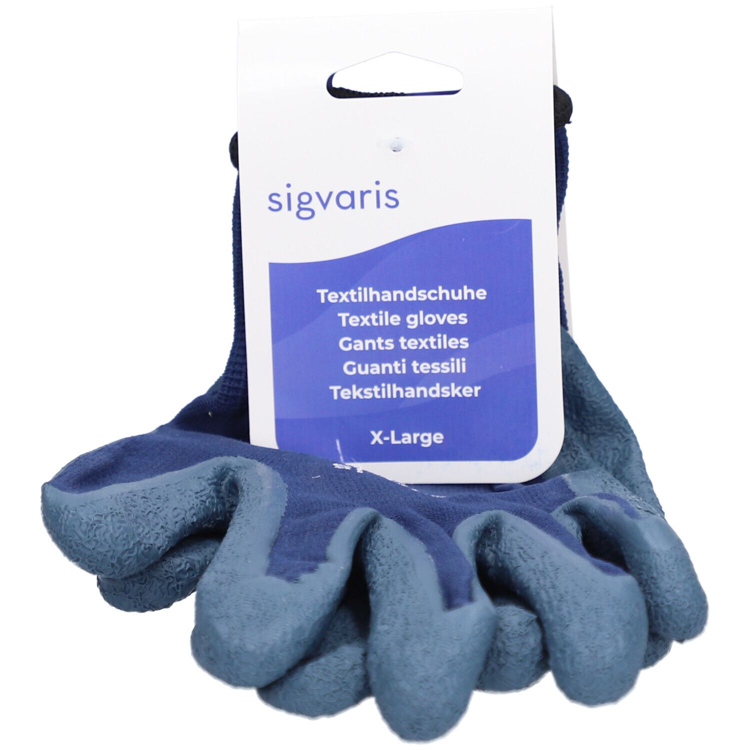 Gants textiles bleus taille XL, avec étiquette blanche. Nom du produit et logo sur l'étiquette.