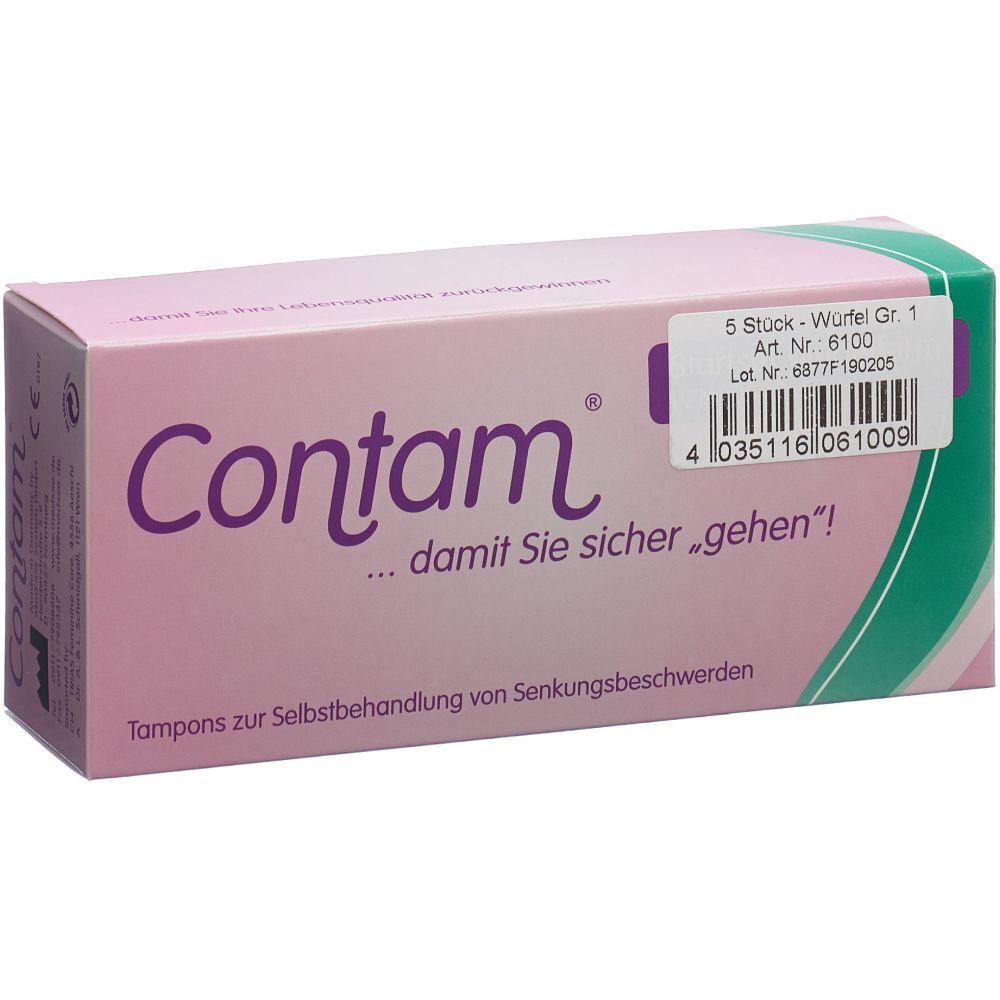Boîte rose "Contam". Texte : "...damit Sie sicher gehen!" et "Tampons zur Selbstbehandlung von Senkungsbeschwerden".