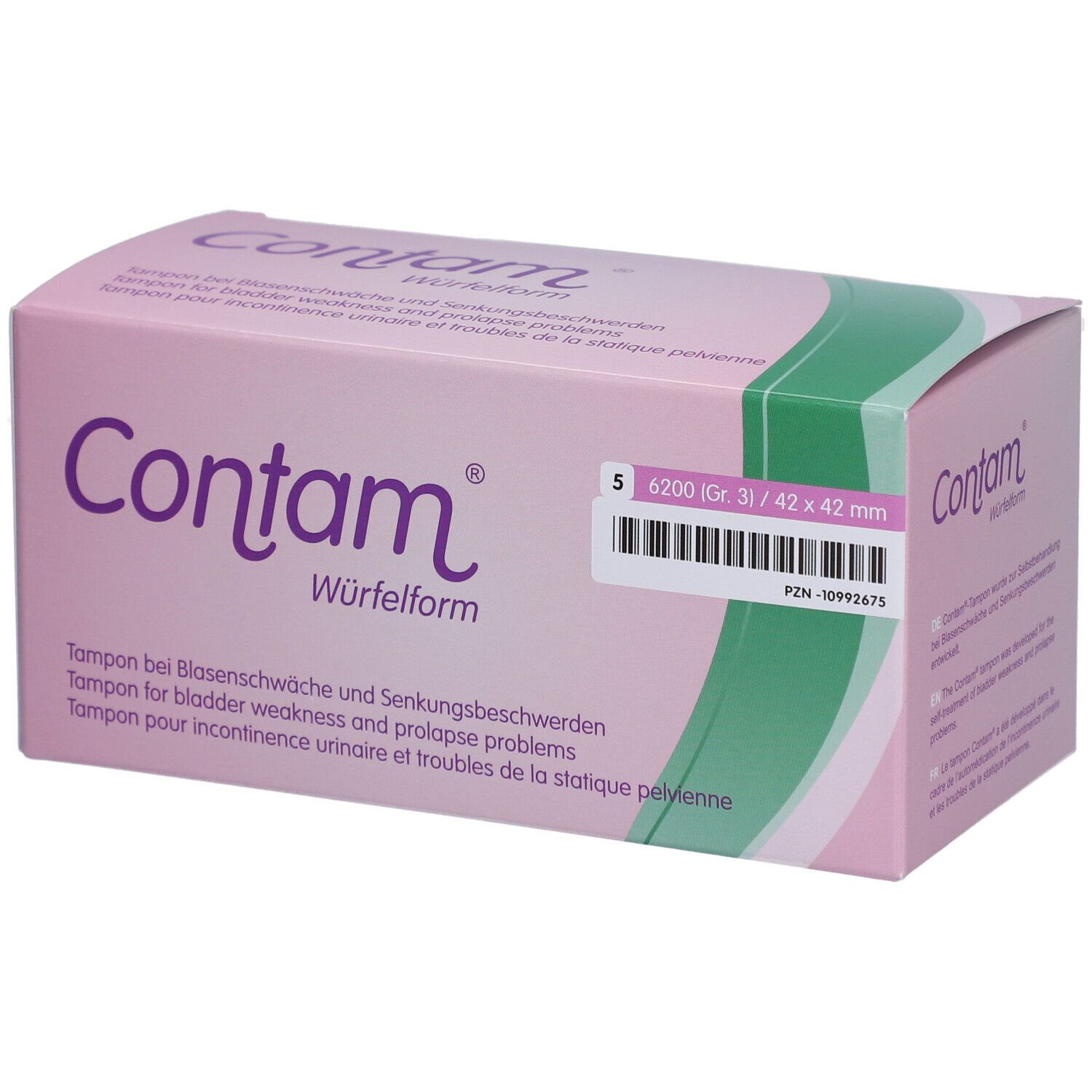 Boîte rose avec "Contam" et "Würfelform". Taille 3, 42 x 42 mm. Tampon pour incontinence urinaire.
