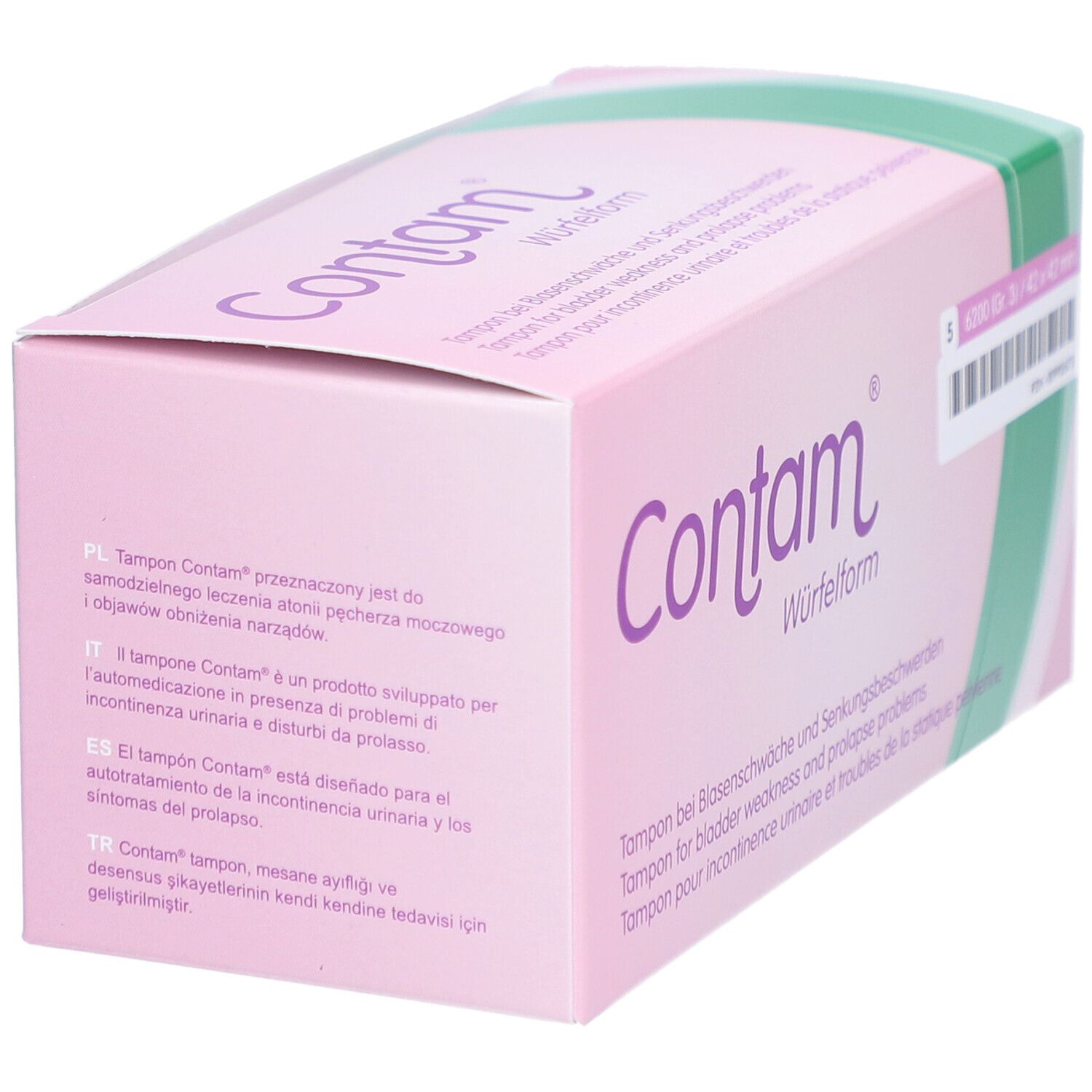 Boîte rose avec "Contam" et "Würfelform". Textes multilingues. Tampon pour incontinence urinaire.