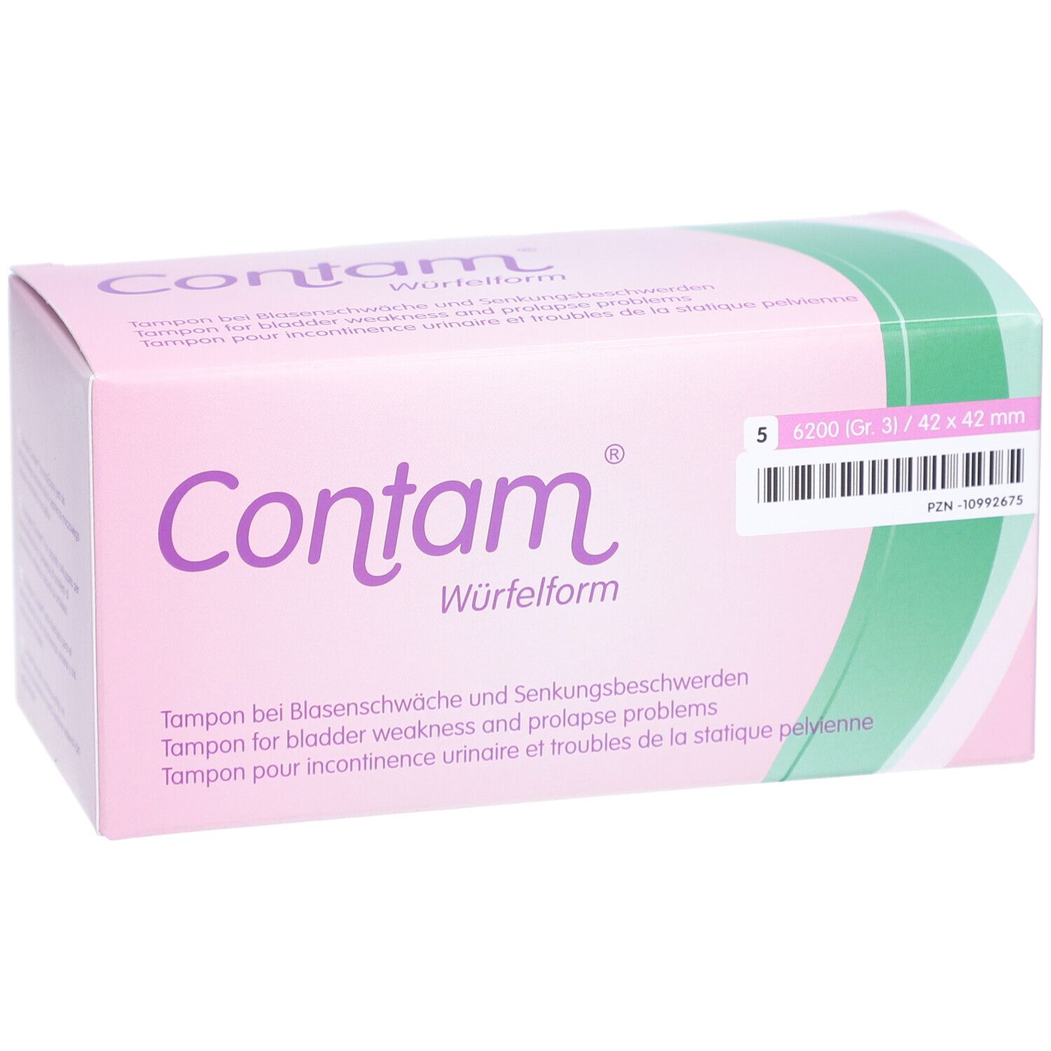 Boîte rose avec "Contam" et "Würfelform". Taille 3, 42 x 42 mm. Tampon pour incontinence urinaire.