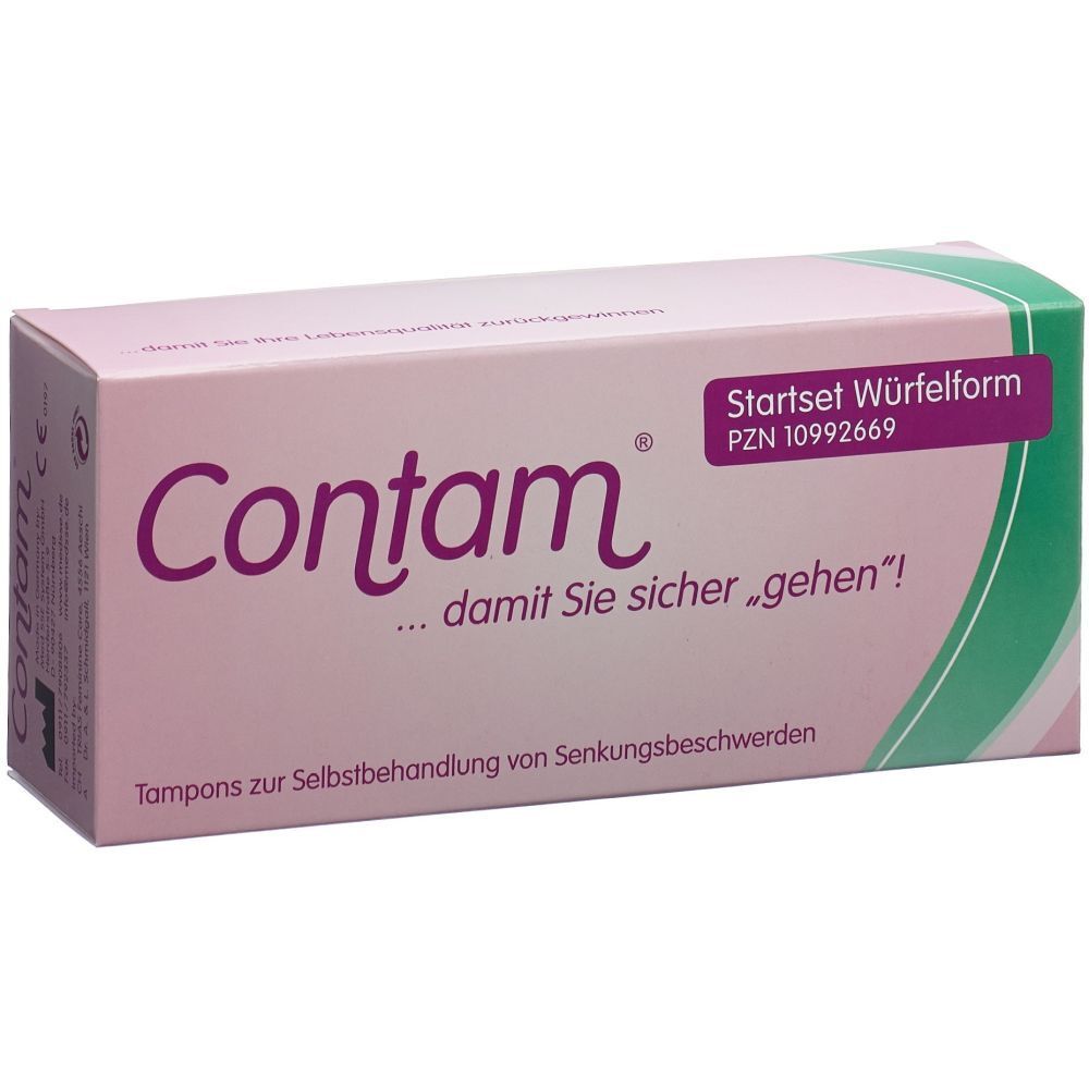 Roze verpakking met "Contam". Tekst: "...damit Sie sicher gehen!" en "Startset Würfelform".