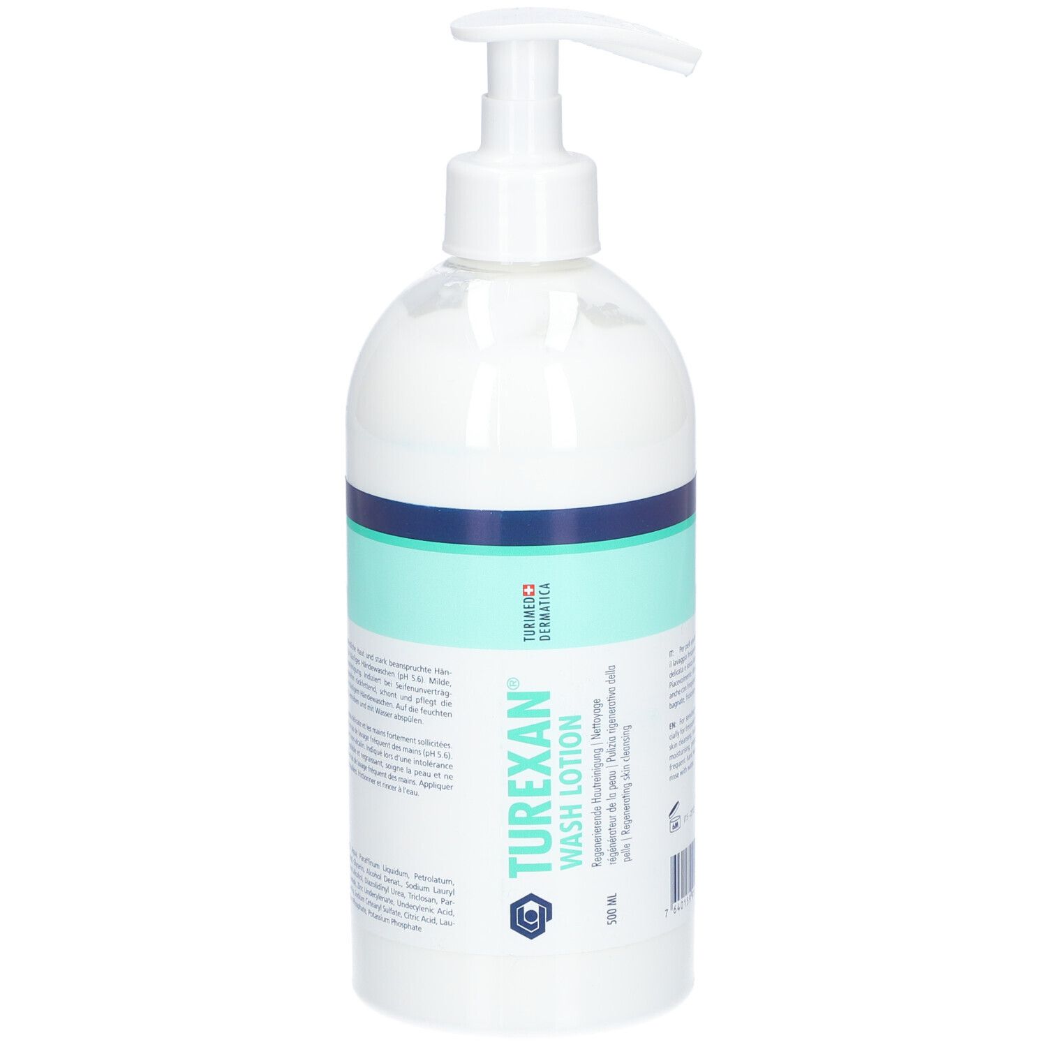 Flacon blanc avec pompe. Inscription: TUREXAN® WASH LOTION. Bande turquoise. Texte en plusieurs langues.