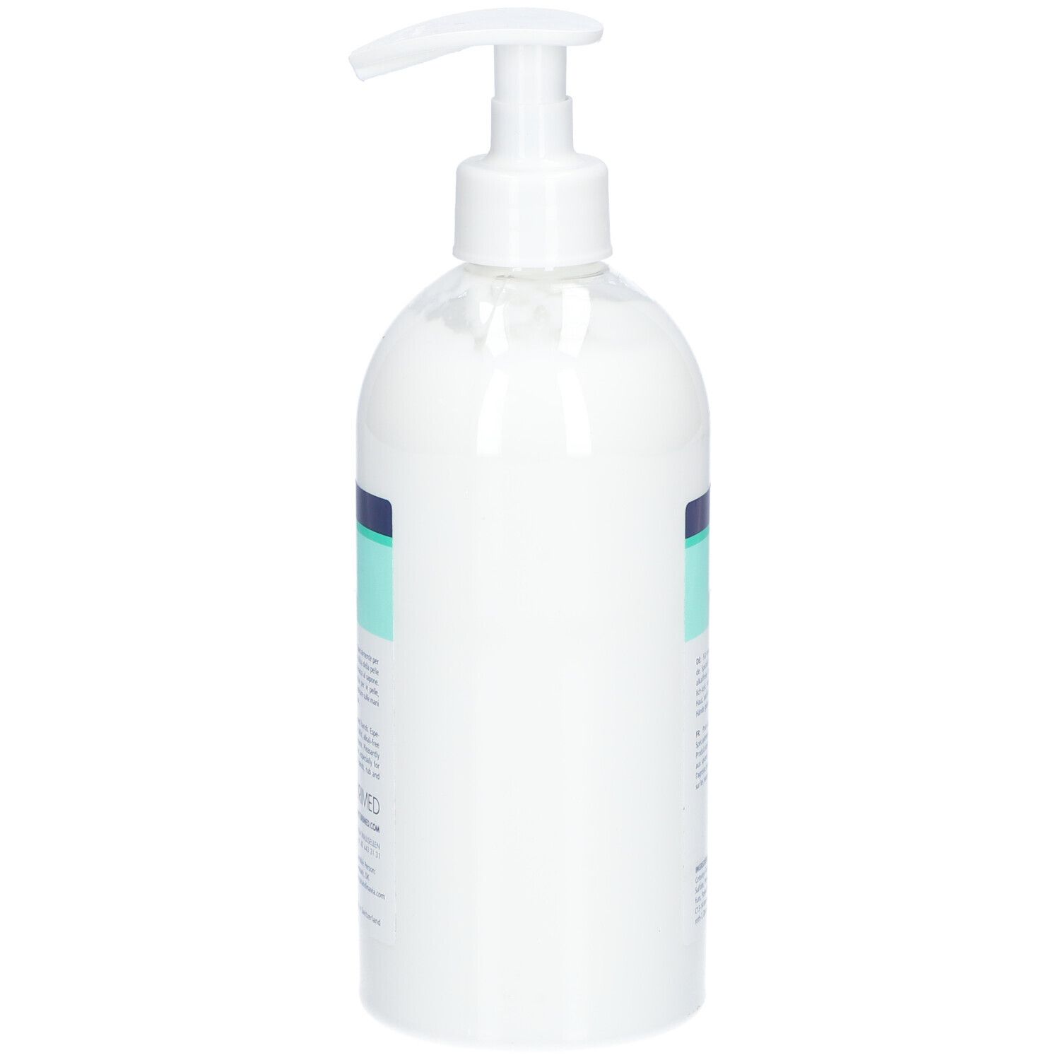 Vue latérale d'un flacon blanc avec pompe. Bande turquoise. Texte en plusieurs langues.