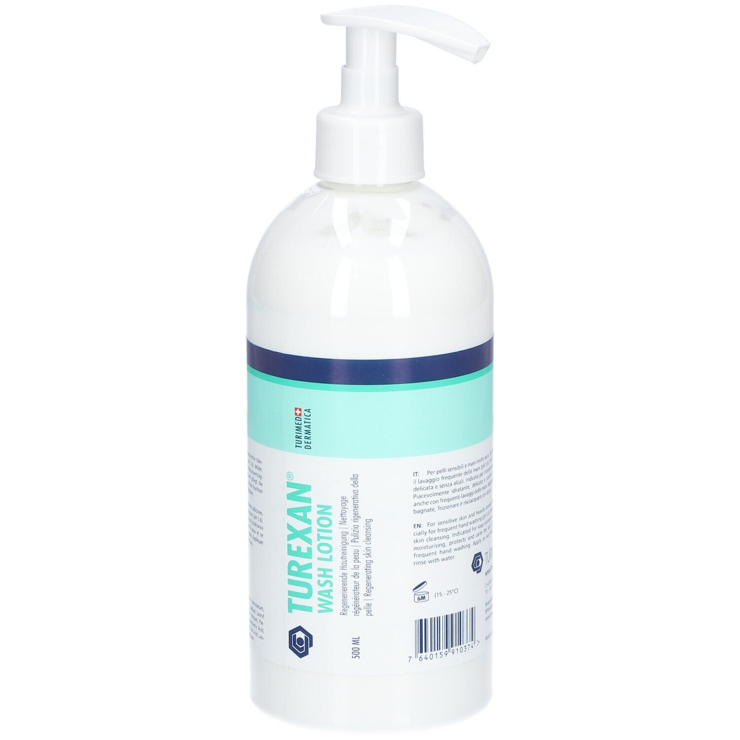Flacon blanc avec pompe. Inscription: TUREXAN® WASH LOTION. Bande turquoise. Texte en plusieurs langues.