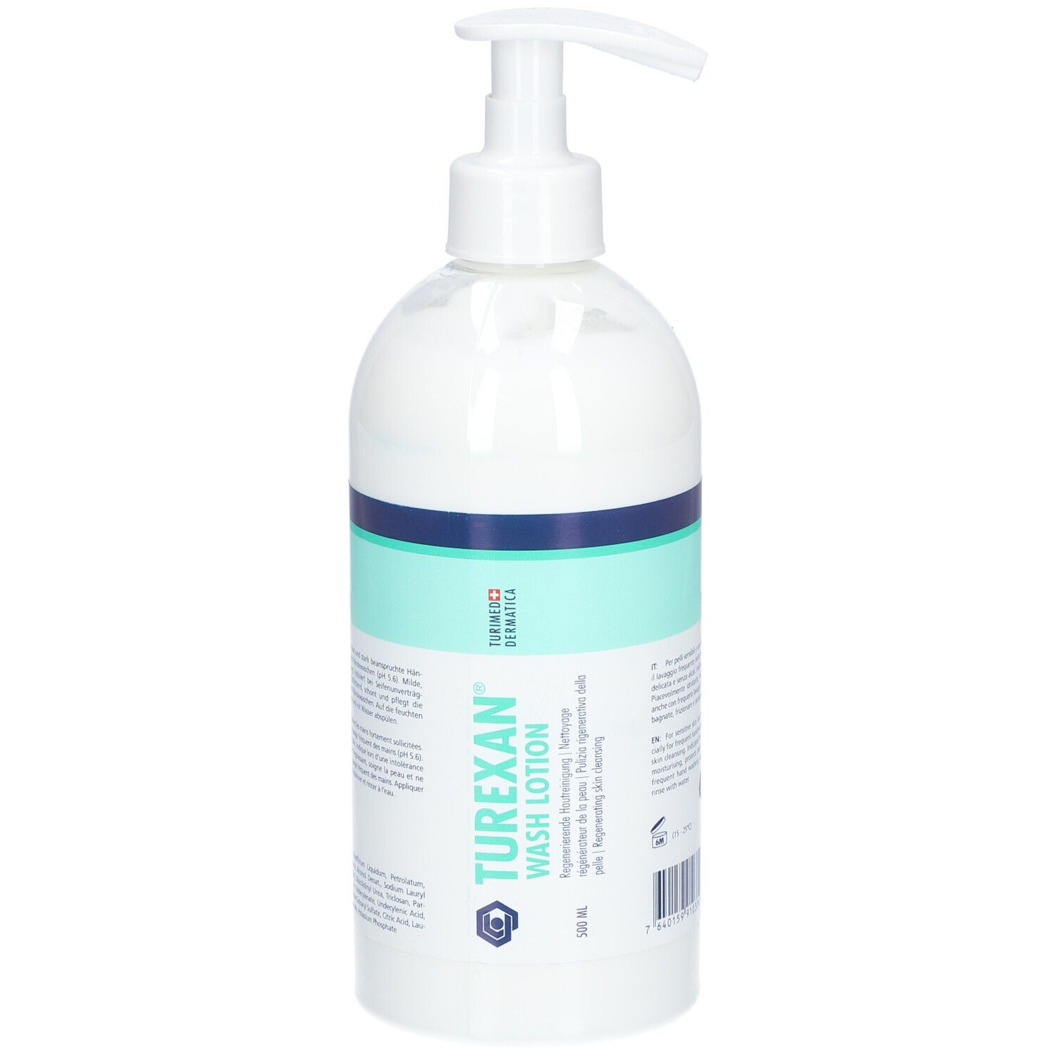 Flacon blanc avec pompe. Inscription: TUREXAN® WASH LOTION. Bande turquoise. Texte en plusieurs langues.