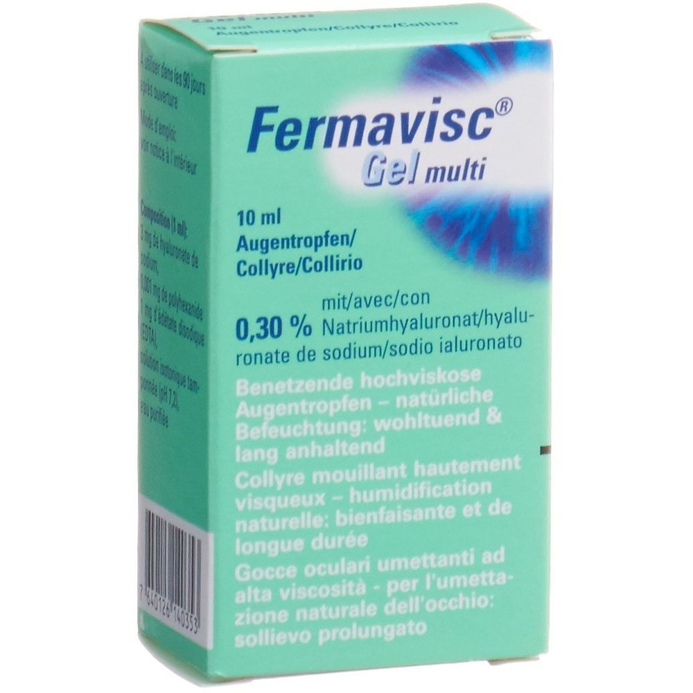 Boîte verte avec nom et texte du produit. Contient 10 ml de gouttes ophtalmiques. Code-barres en bas.