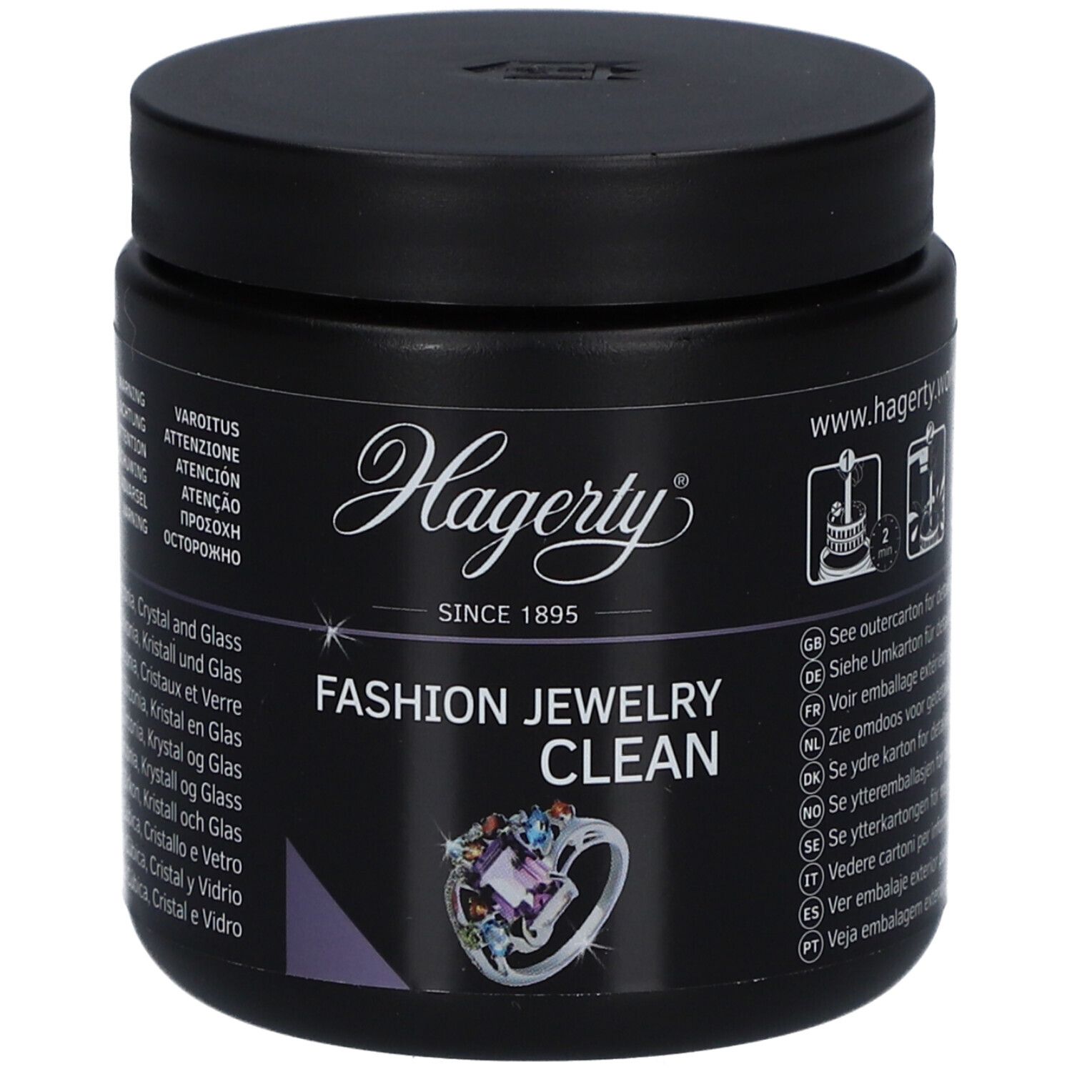 Zwarte pot met deksel. Opschrift: Hagerty, Fashion Jewelry Clean. Afbeelding van een ring. Meertalige tekst.