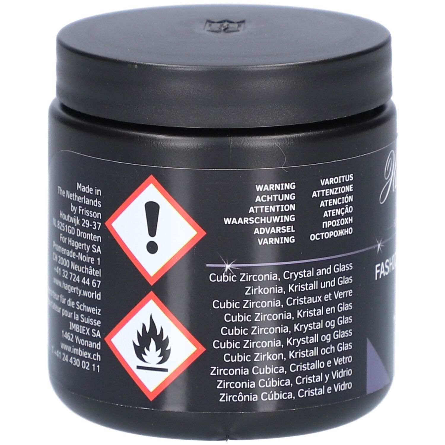 Zwarte pot. Waarschuwingen en adres. Tekst: Cubic Zirconia, Crystal and Glass. Vlam- en uitroepteken-symbolen.