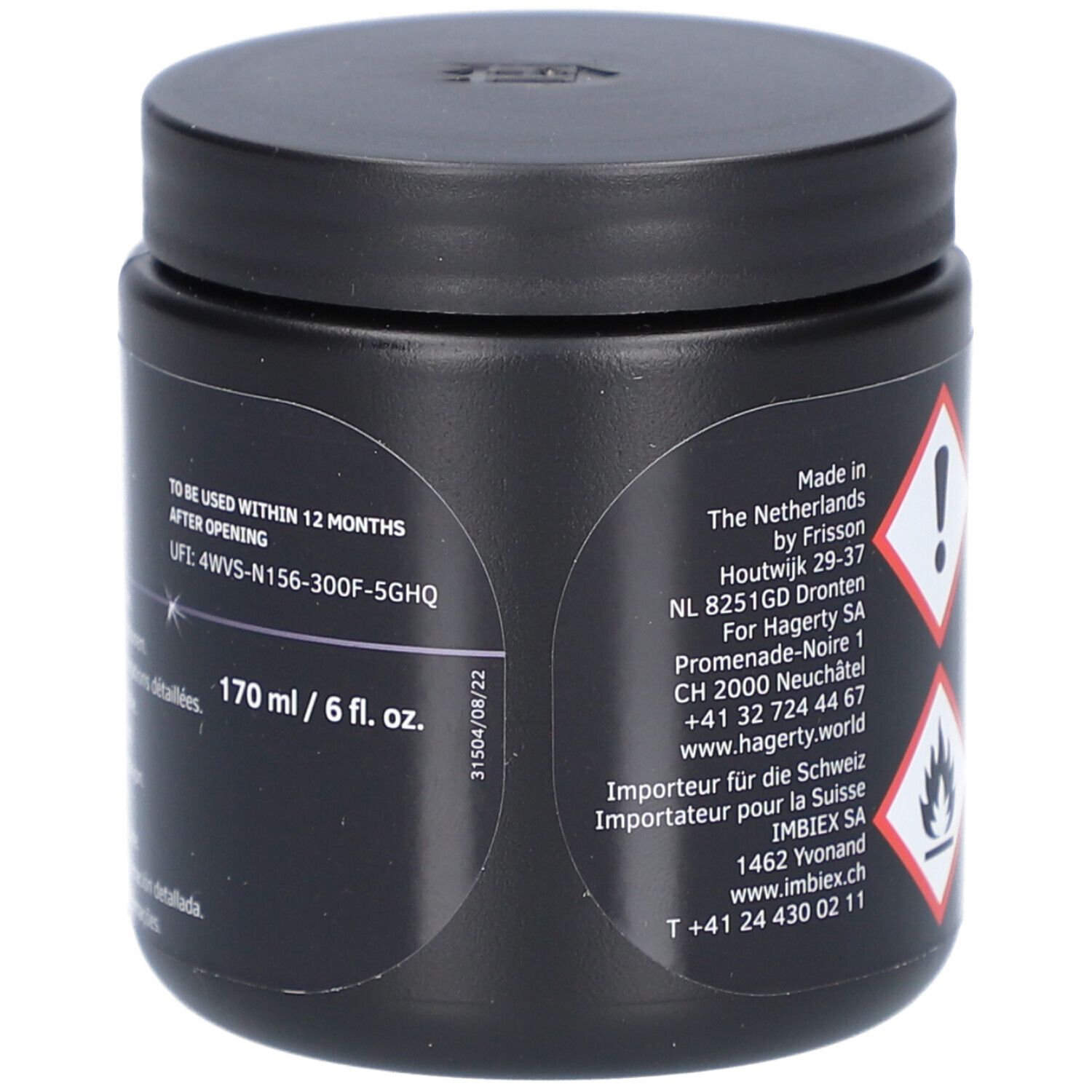 Zwarte pot. Tekst: 170 ml / 6 fl. oz. Houdbaarheidsaanduiding. Adres en waarschuwingssymbool.