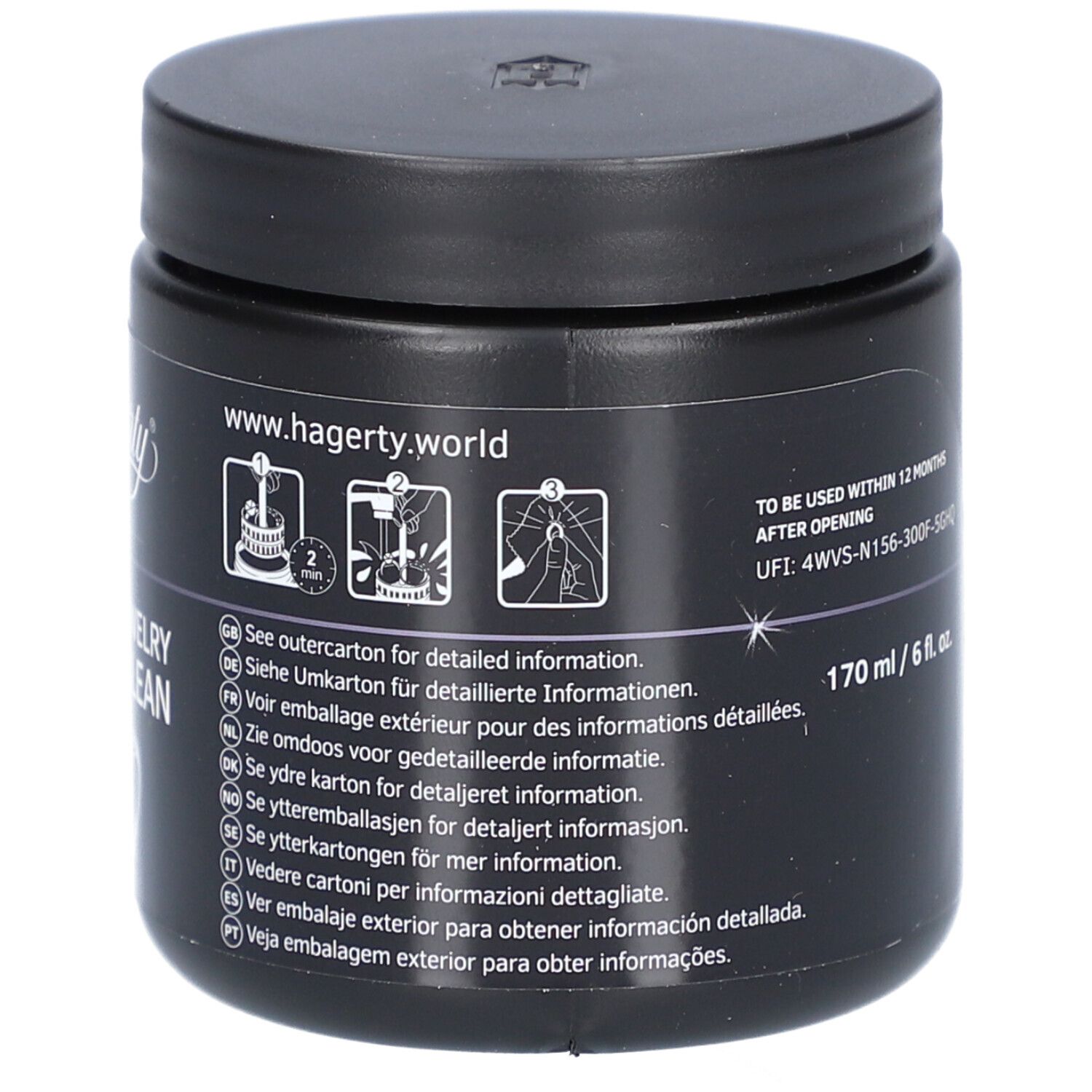 Zwarte pot. Tekst: www.hagerty.world. Illustraties voor gebruik. Meertalige tekst.