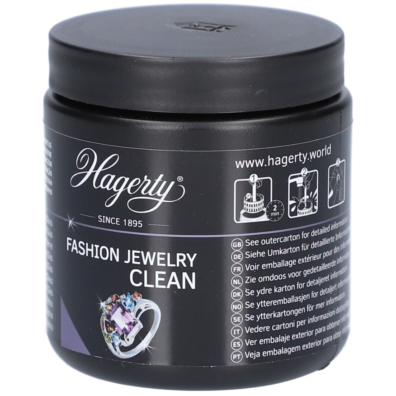 Zwarte pot met deksel. Opschrift: Hagerty, Fashion Jewelry Clean. Afbeelding van een ring. Meertalige tekst.