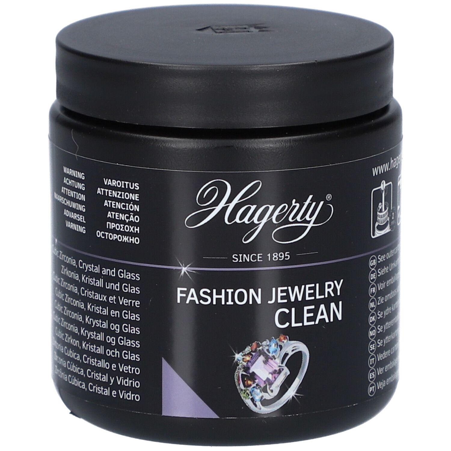 Zwarte pot met deksel. Opschrift: Hagerty, Fashion Jewelry Clean. Afbeelding van een ring. Meertalige tekst.