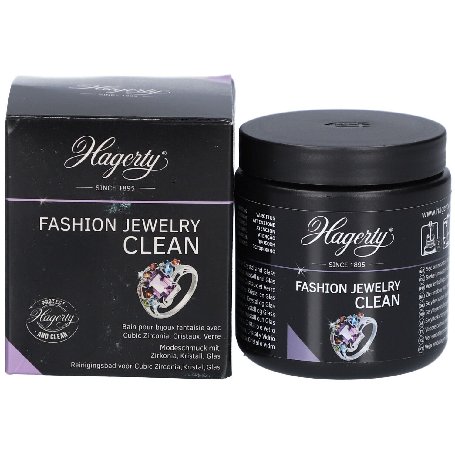 Zwarte pot en doos. Opschrift: Hagerty, Fashion Jewelry Clean. Afbeelding van een ring. Meertalige tekst.