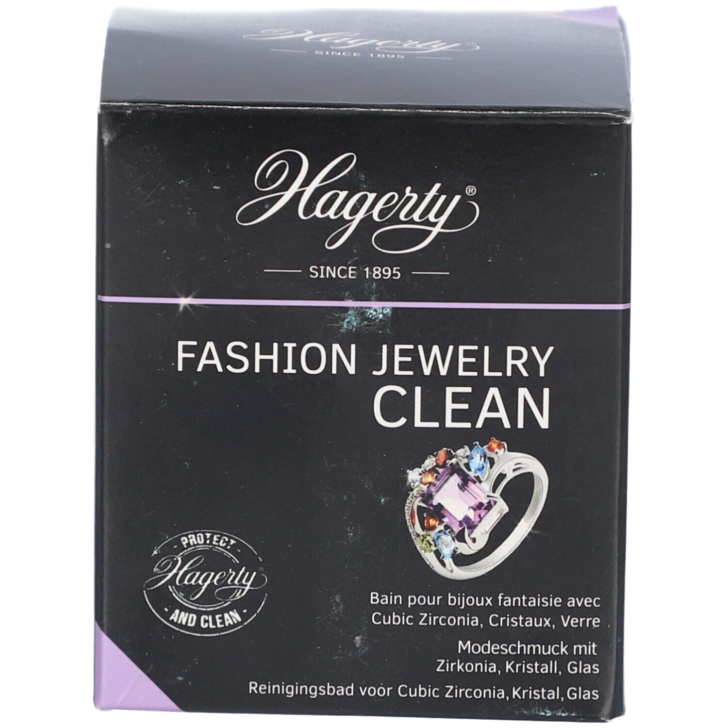 Zwarte doos. Opschrift: Hagerty, Fashion Jewelry Clean. Afbeelding van een ring. Meertalige tekst.