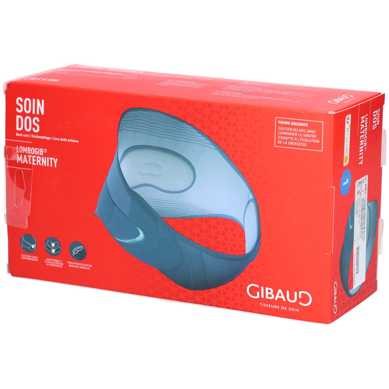 Boîte rouge avec contour bleu d'une ceinture lombaire. Texte: SOIN DOS, LOMBOGIB MATERNITY, GIBAUD.