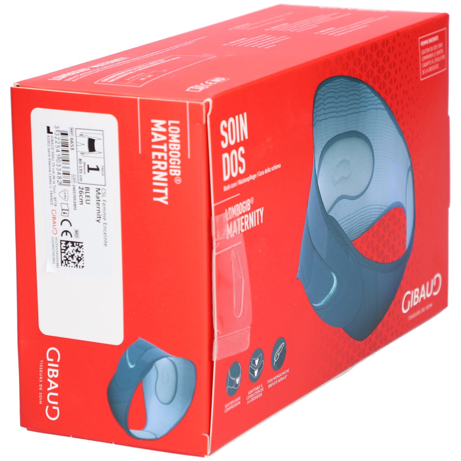 Boîte rouge avec ceinture lombaire bleue. Texte: SOIN DOS, LOMBOGIB MATERNITY, GIBAUD. Autocollant avec informations produit.