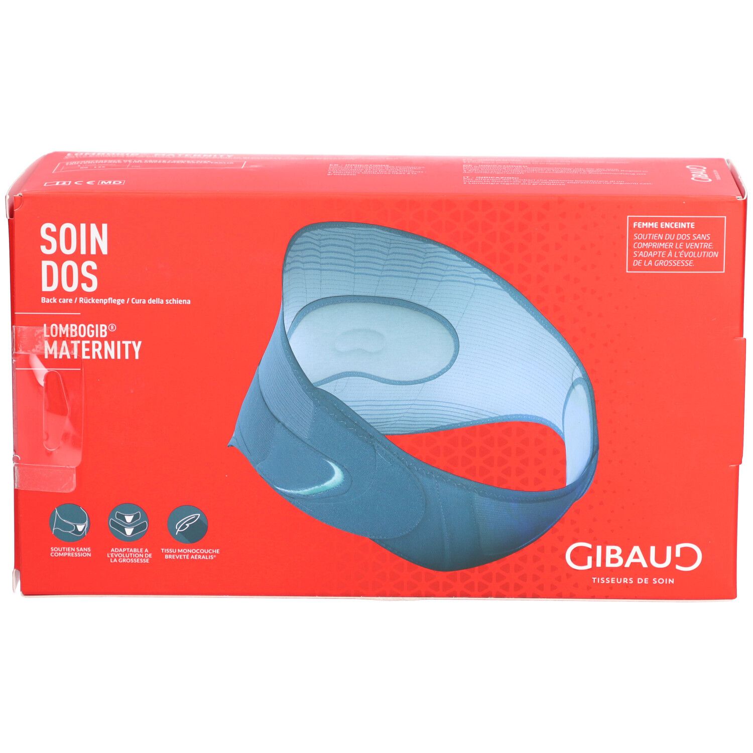 Boîte rouge avec contour bleu d'une ceinture lombaire. Texte: SOIN DOS, LOMBOGIB MATERNITY, GIBAUD.