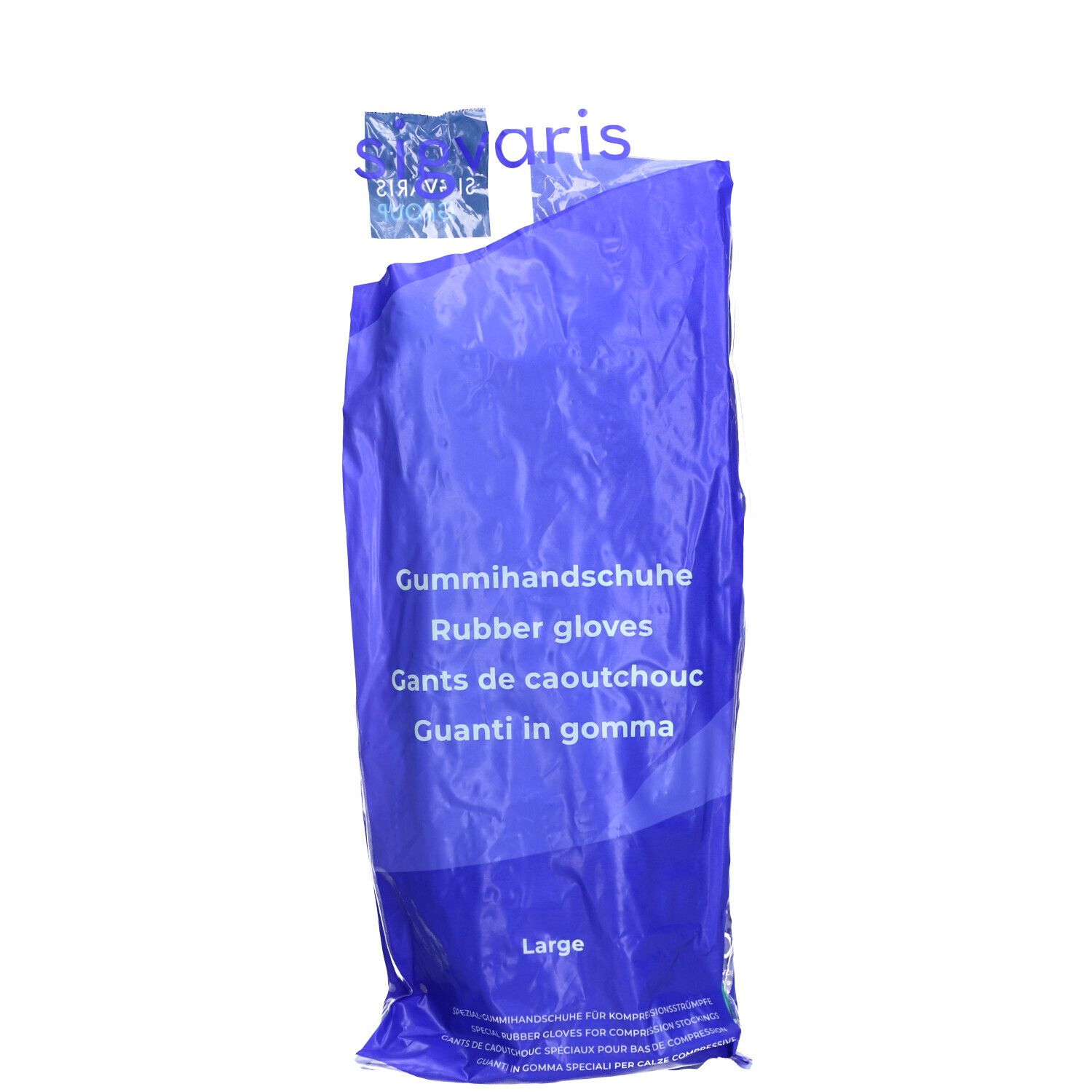 Emballage bleu avec l'inscription "Gummihandschuhe". Inscriptions: Rubber gloves, Gants de caoutchouc, Guanti in gomma. Taille: Large.
