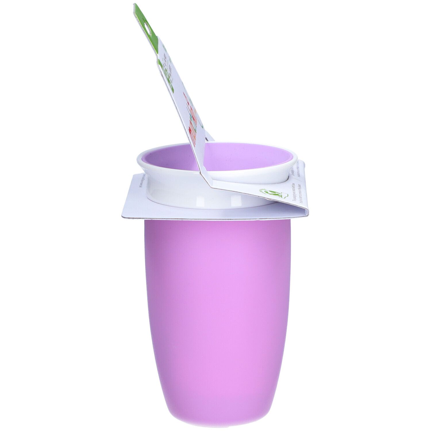 Paarse beker met wit deksel. Verpakking gedeeltelijk zichtbaar. Productnaam en informatie over BPA-vrij.