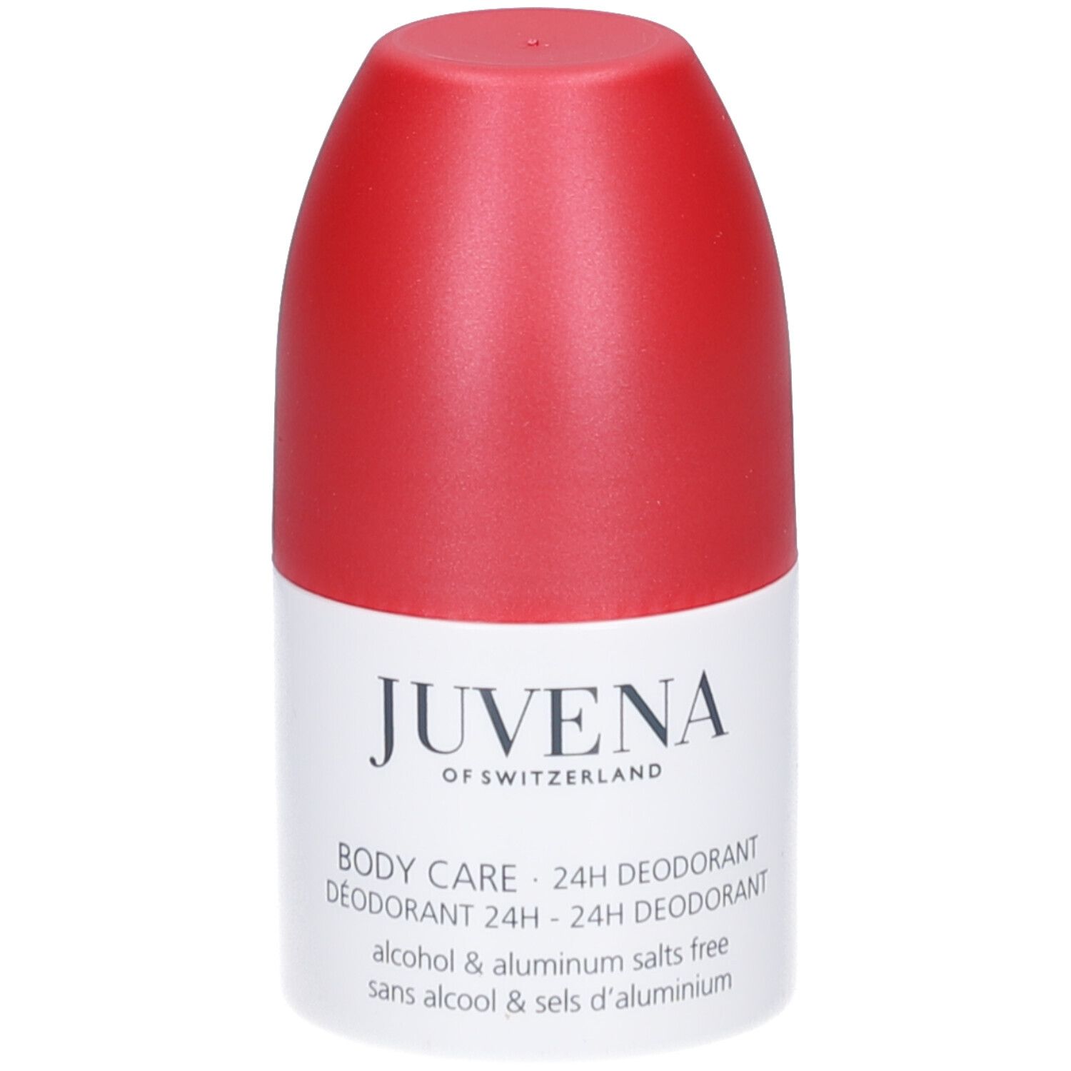 Roll-on déodorant avec bouchon rouge. Étiquette blanche avec texte: Juvena, Body Care, 24h Deodorant.