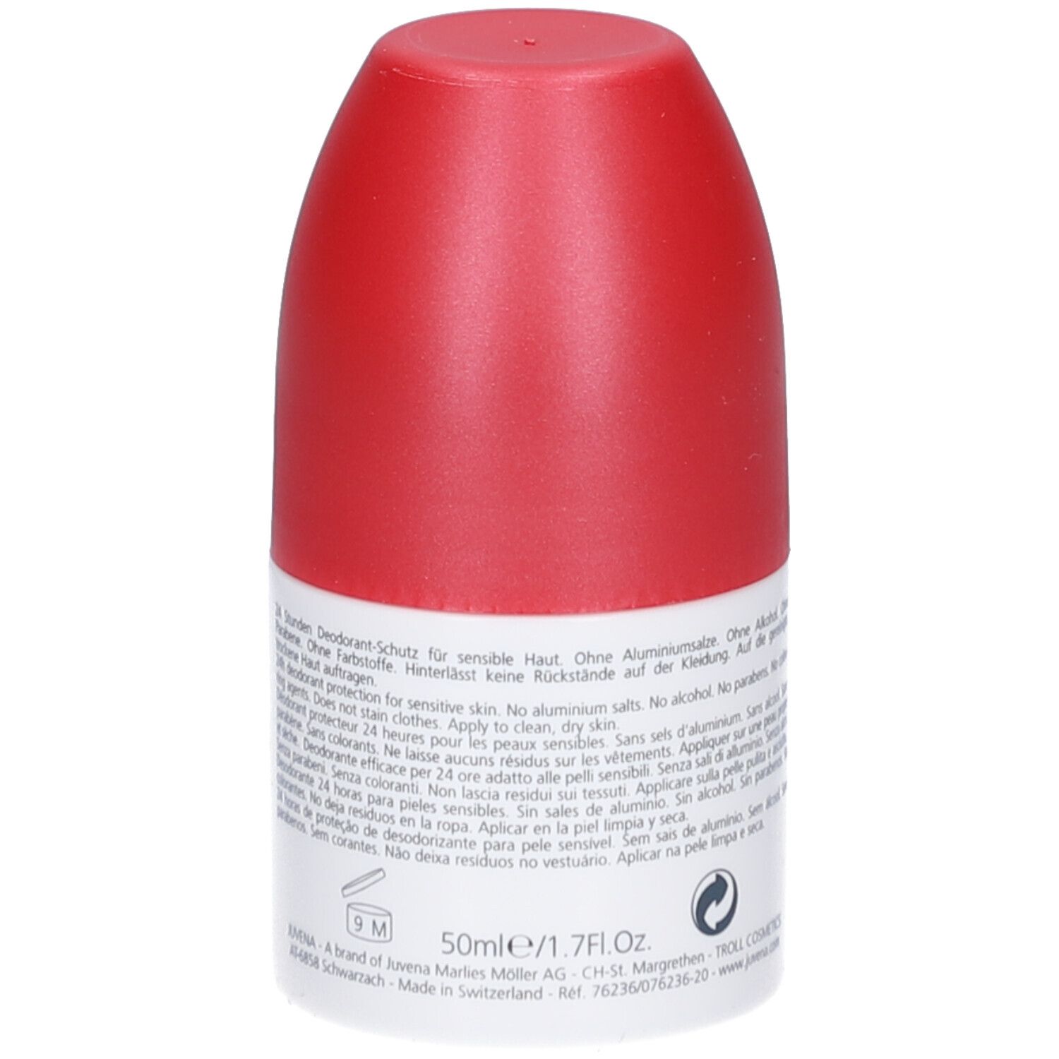 Roll-on déodorant avec bouchon rouge. Texte sur l'étiquette: Juvena, Body Care, 24h Deodorant.